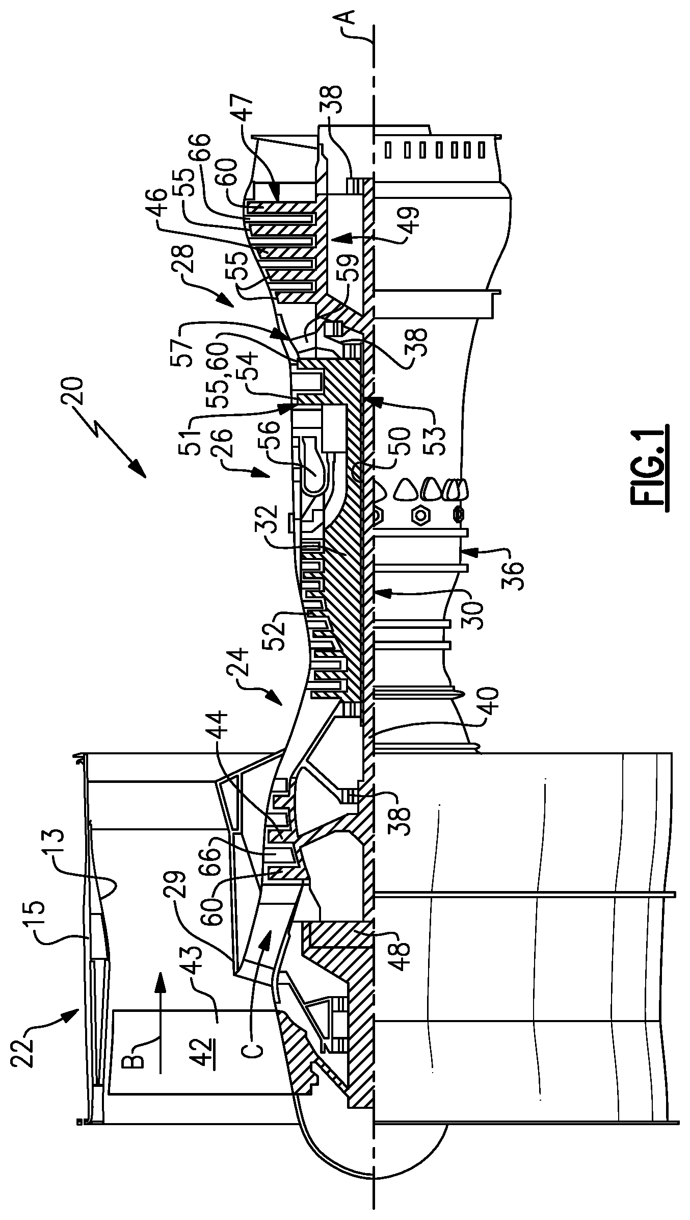 Patent US12104527 Figure 1 – Geared gas turbine engine with combined spray bar and scavenge component