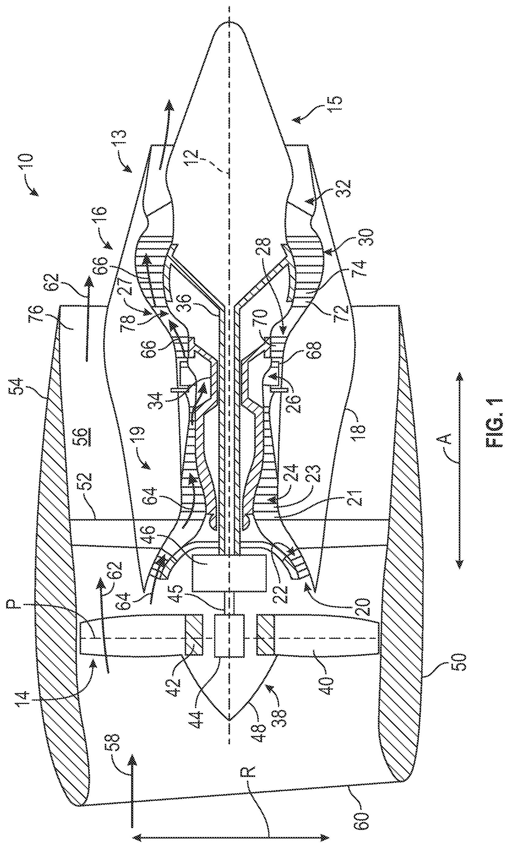 Patent US12104531 Figure 1 – Cooling system for a turbine engine