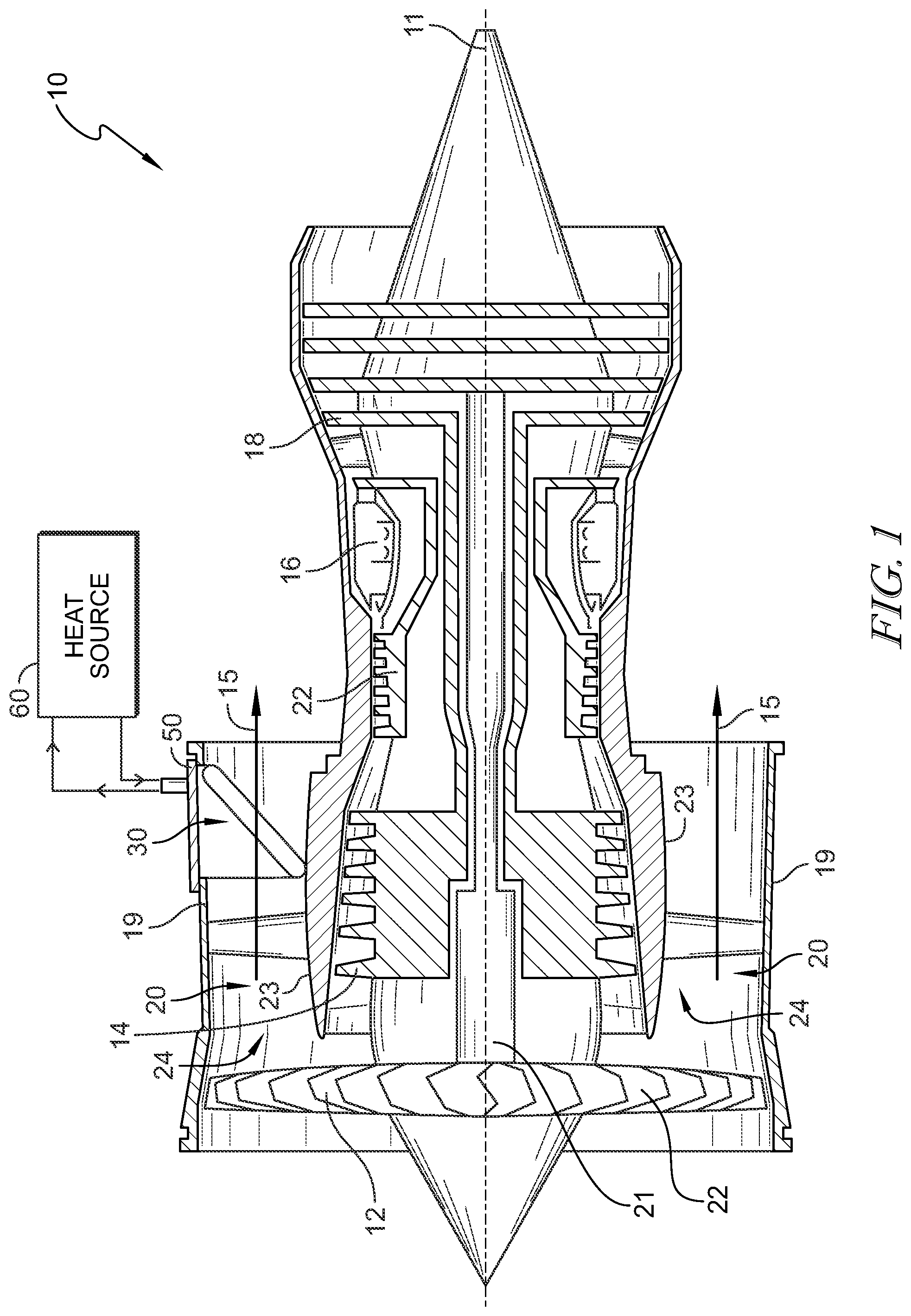 Patent US12104532 Figure 1 – Bypass duct heat exchanger with access panel for gas turbine engines