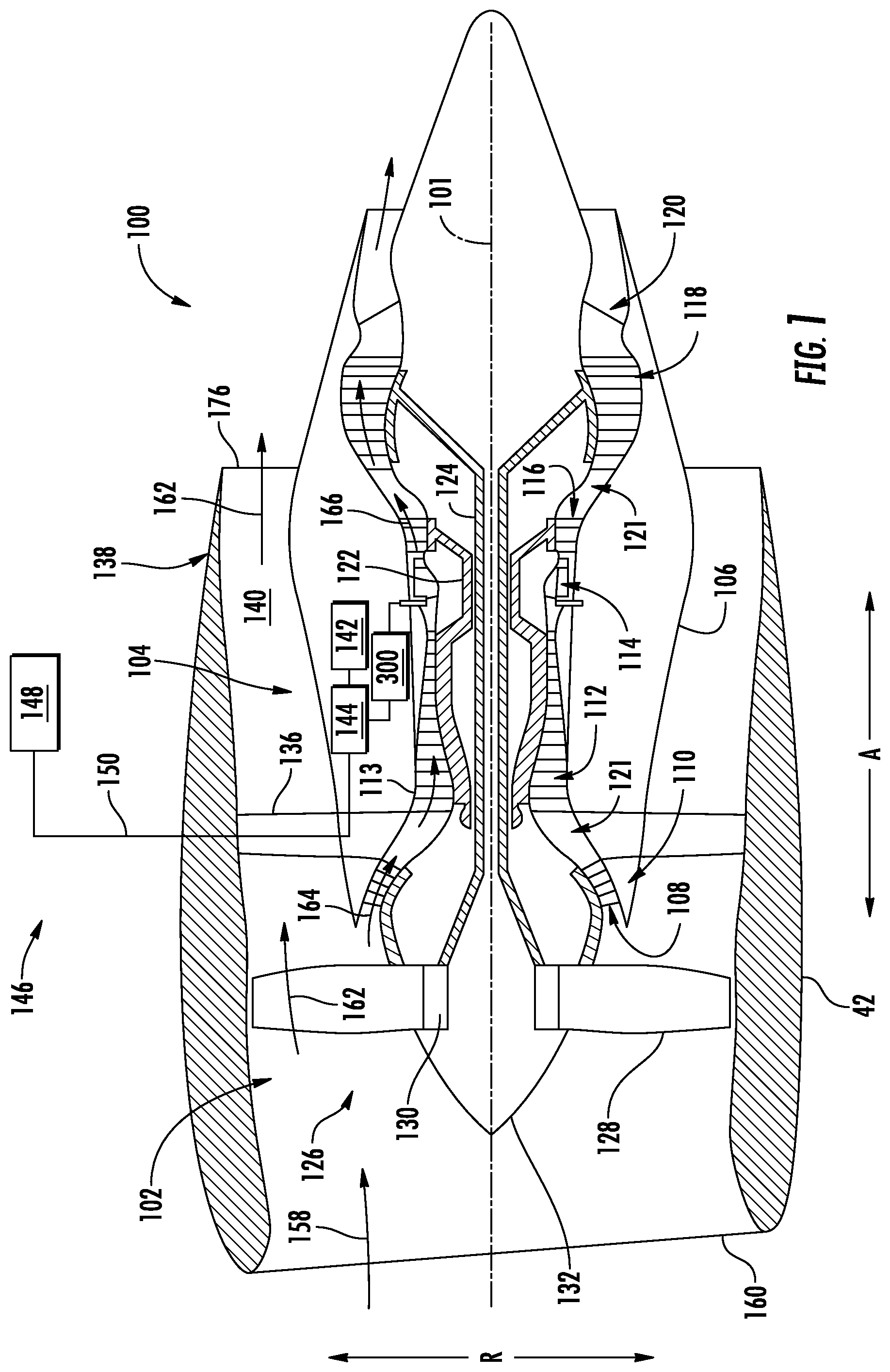 Patent US12104535 Figure 1 – Thermal management system for a gas turbine engine