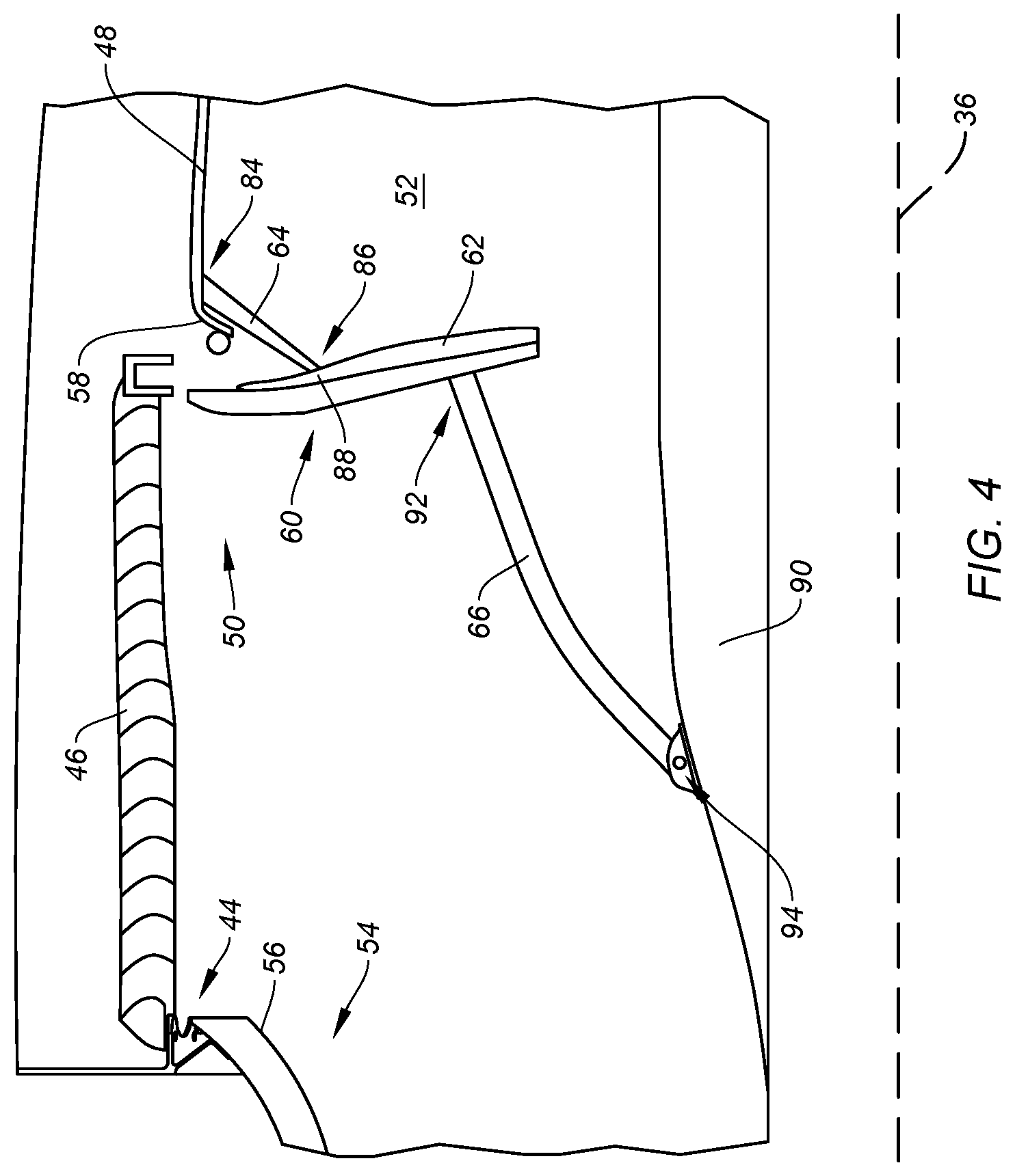 Patent US12104556 Figure 4 – Blocker door retention assembly for an aircraft propulsion system thrust reverser