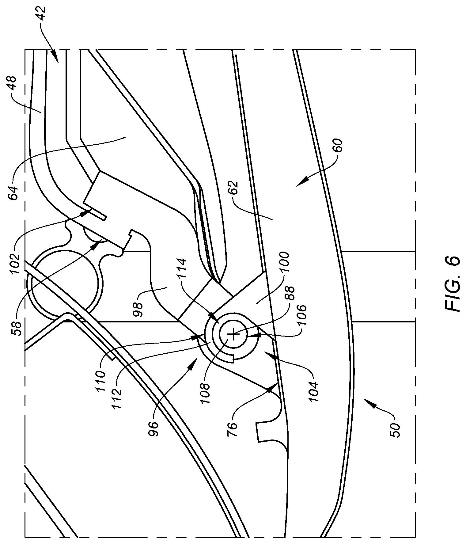 Patent US12104556 Figure 6 – Blocker door retention assembly for an aircraft propulsion system thrust reverser