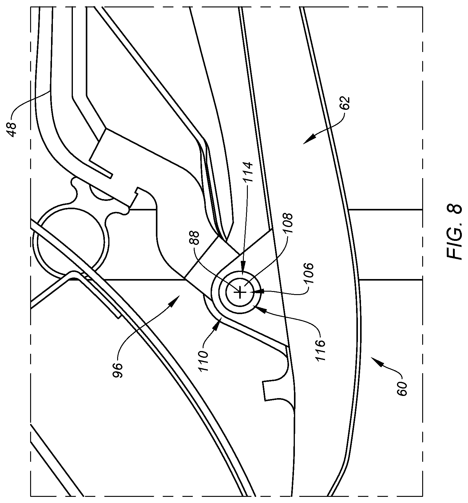 Patent US12104556 Figure 8 – Blocker door retention assembly for an aircraft propulsion system thrust reverser