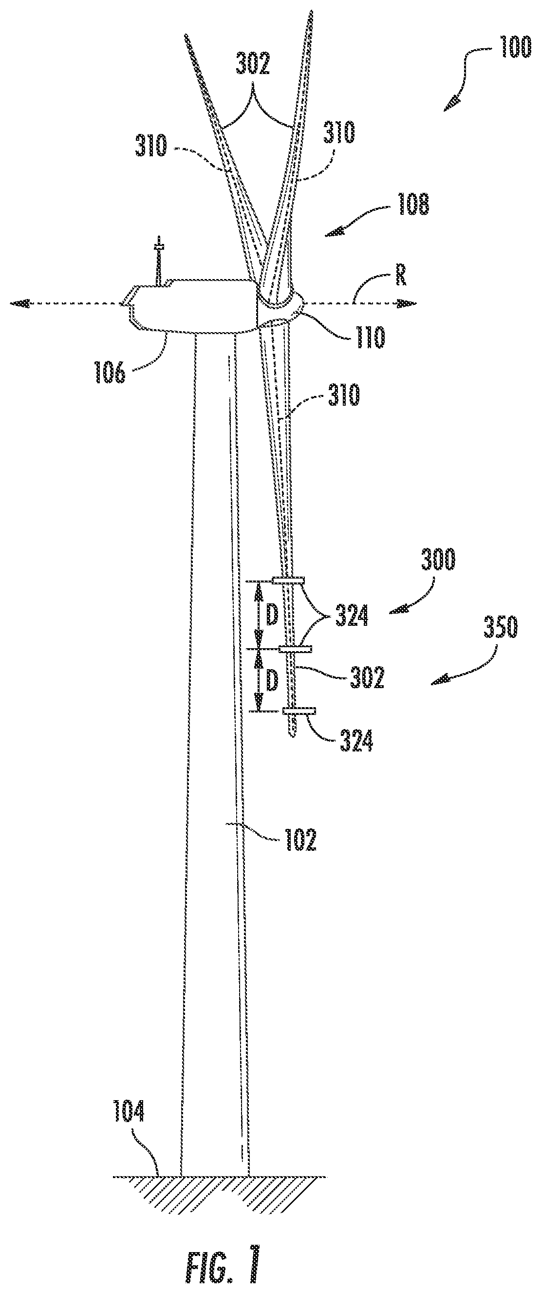 Patent US12104571 Figure 1 – Rotor blade assembly for mitigating stall-induced vibrations
