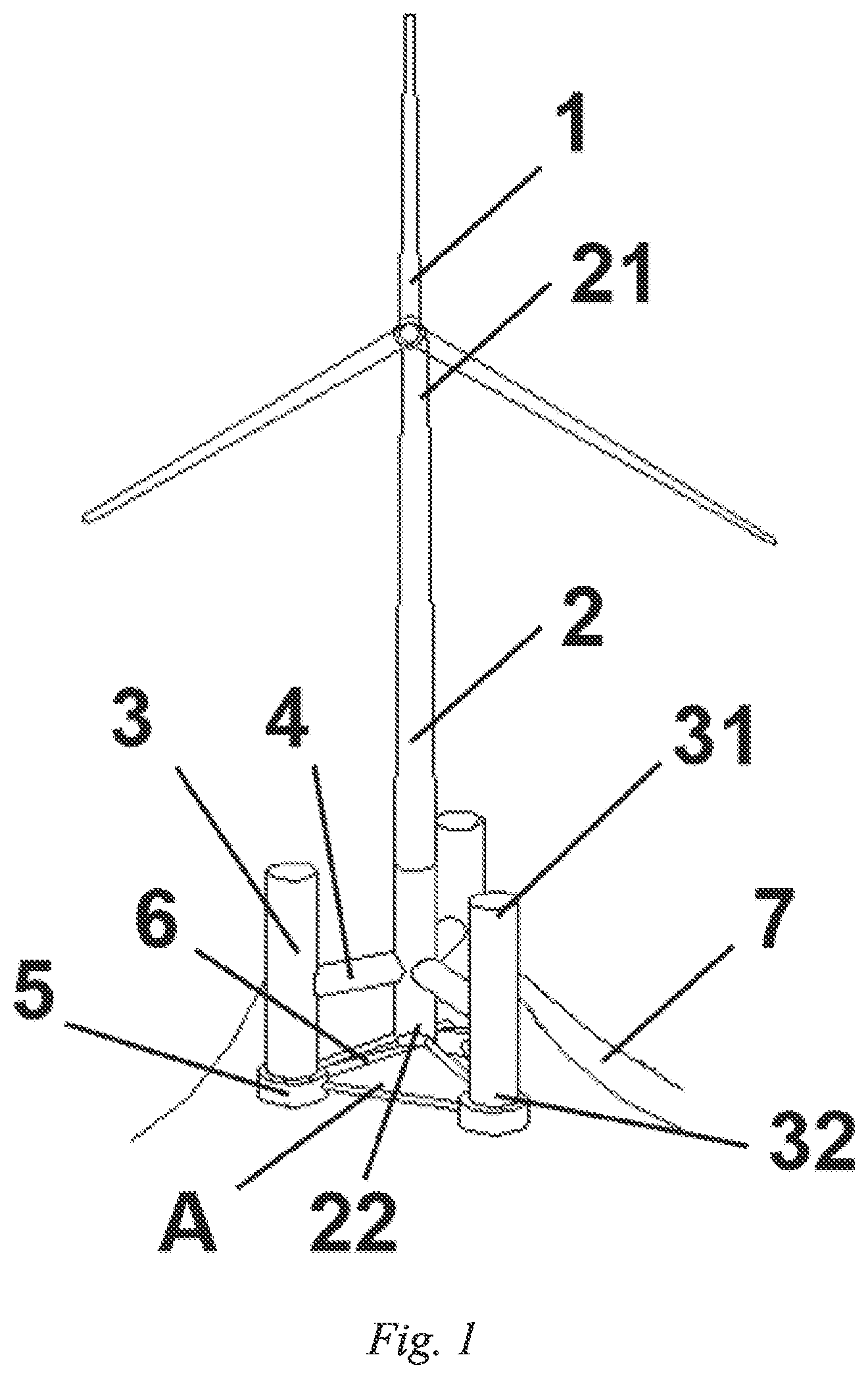 Patent US12104572 Figure 1 – Semi-submersible floating wind power generator
