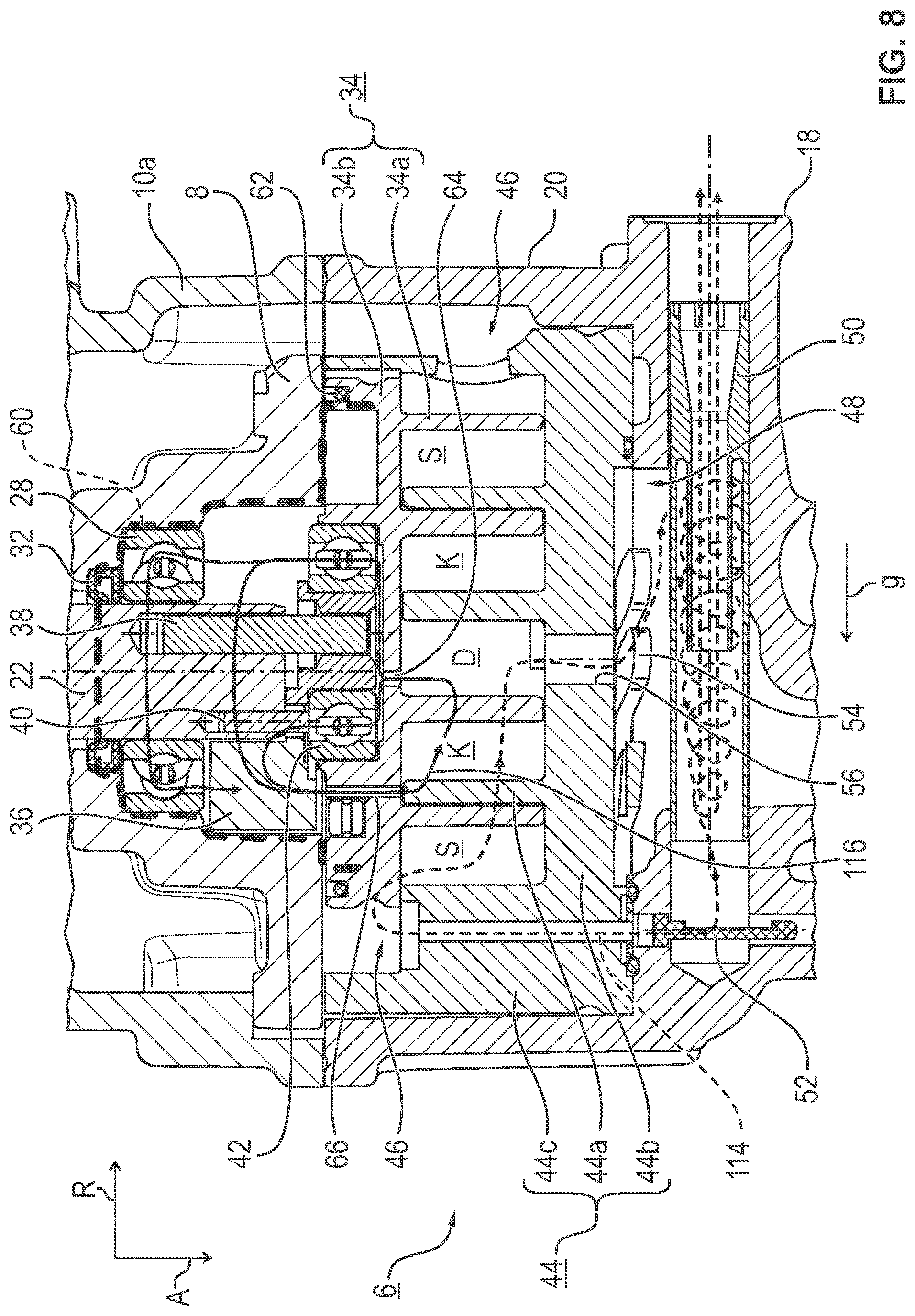 Patent US12104593 Figure 8 – Scroll compressor of an electrical refrigerant drive and electrical refrigerant drive