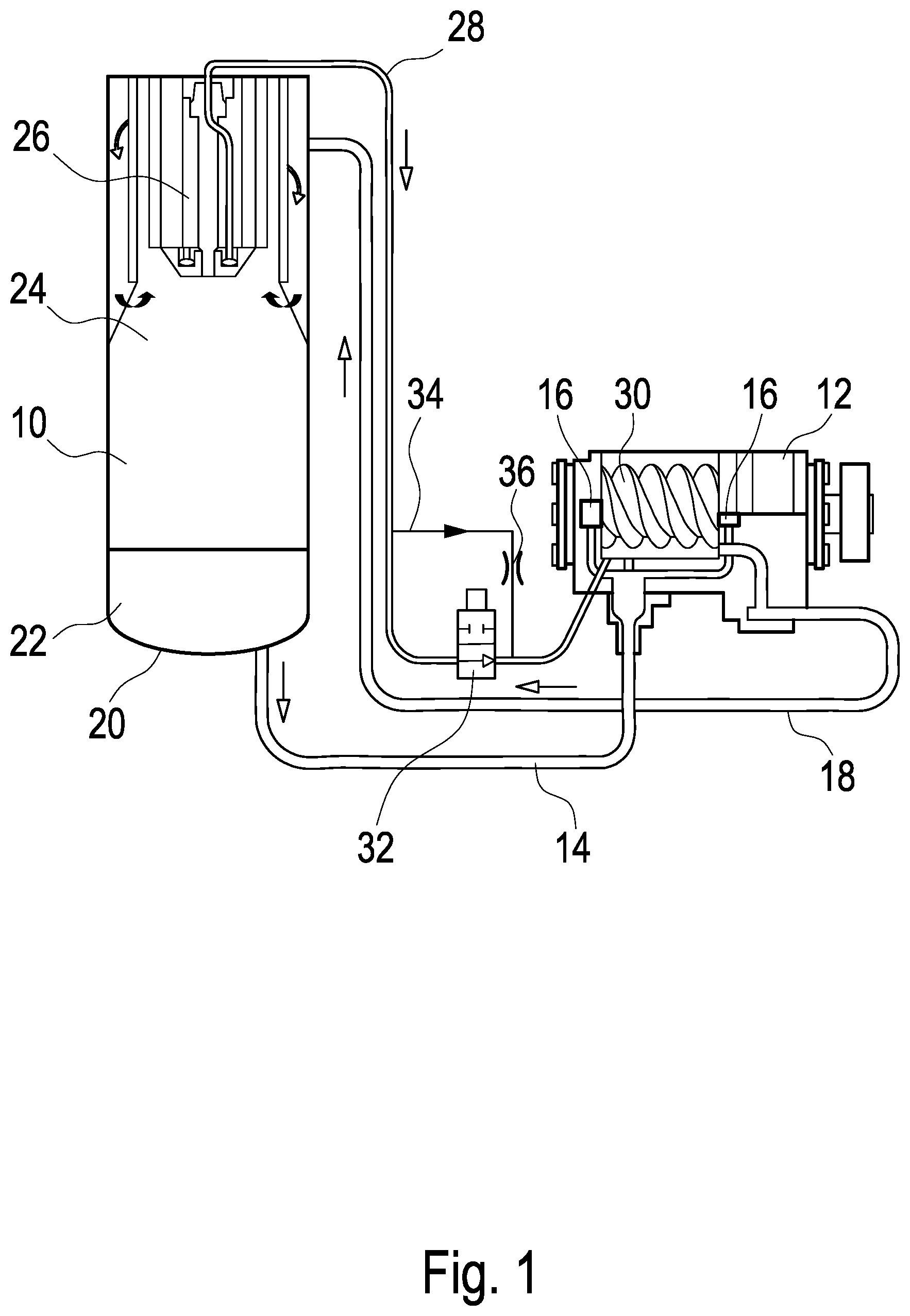 Patent US12104597 Figure 1 – Vacuum pump lubricant recovery system returning lubricant from the air filter based on pressure measurements in the vacuum pump
