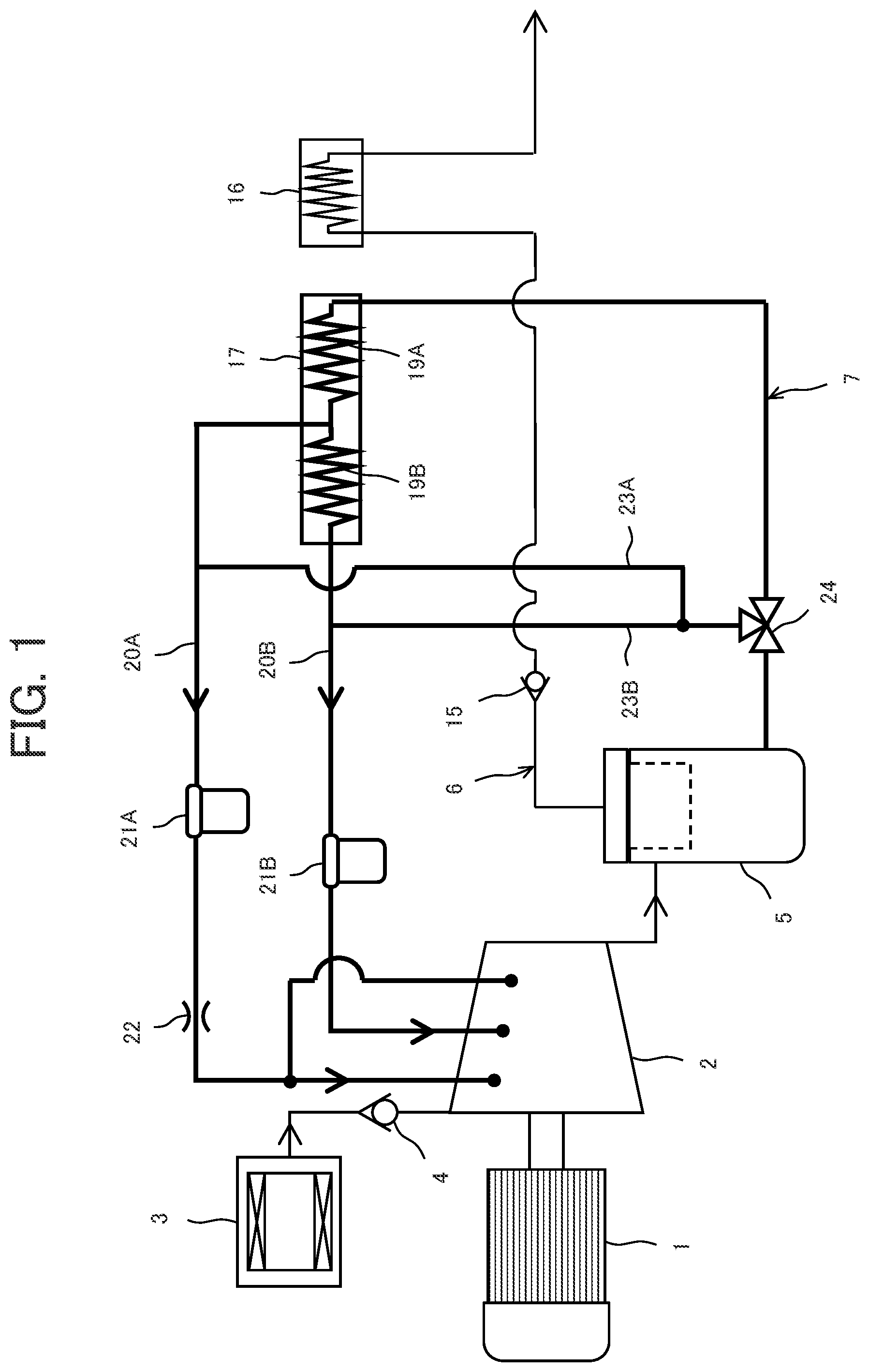 Patent US12104599 Figure 1 – Liquid feed type gas compressor having a liquid supply system with first and second cooling units