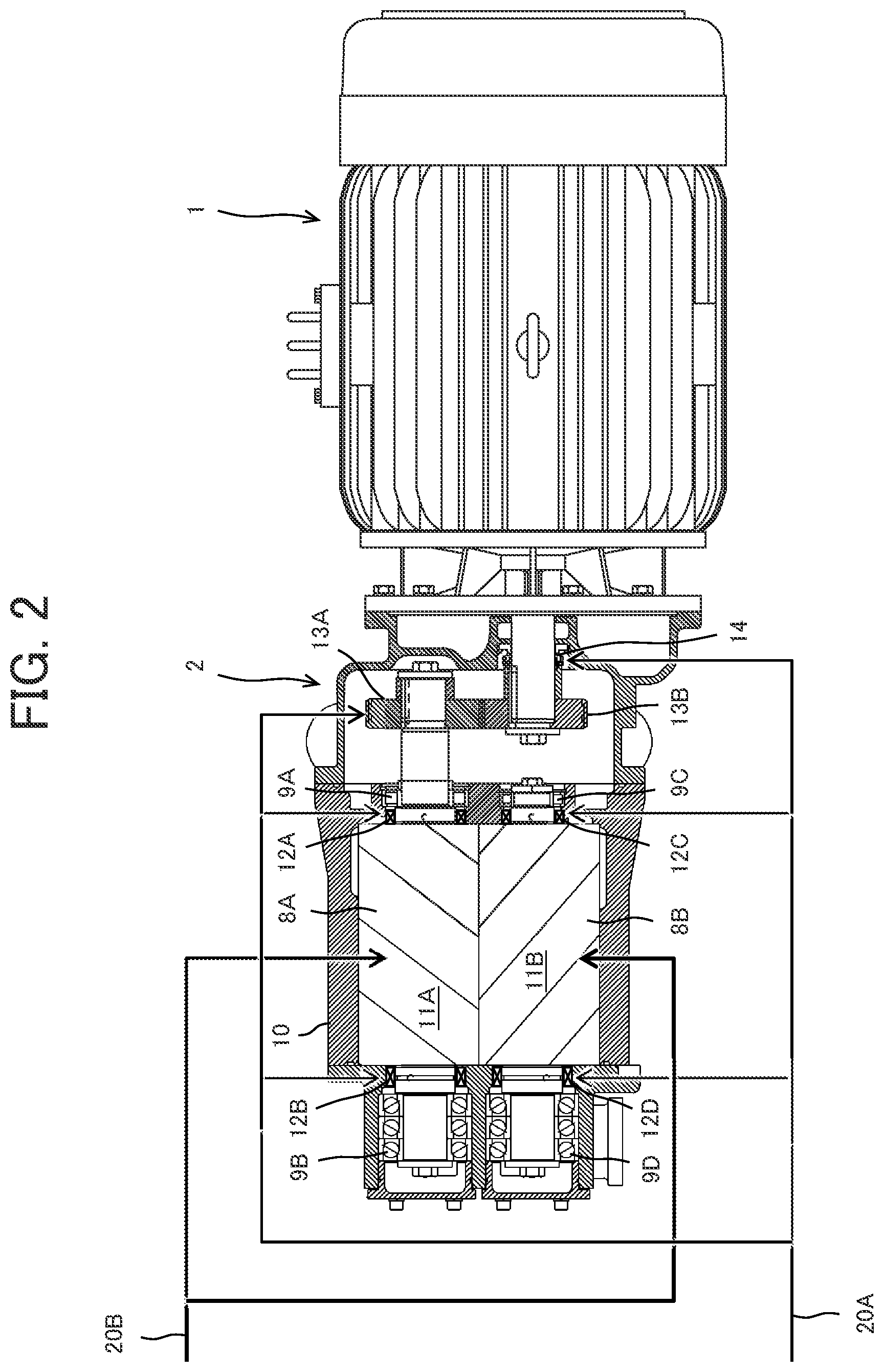 Patent US12104599 Figure 2 – Liquid feed type gas compressor having a liquid supply system with first and second cooling units