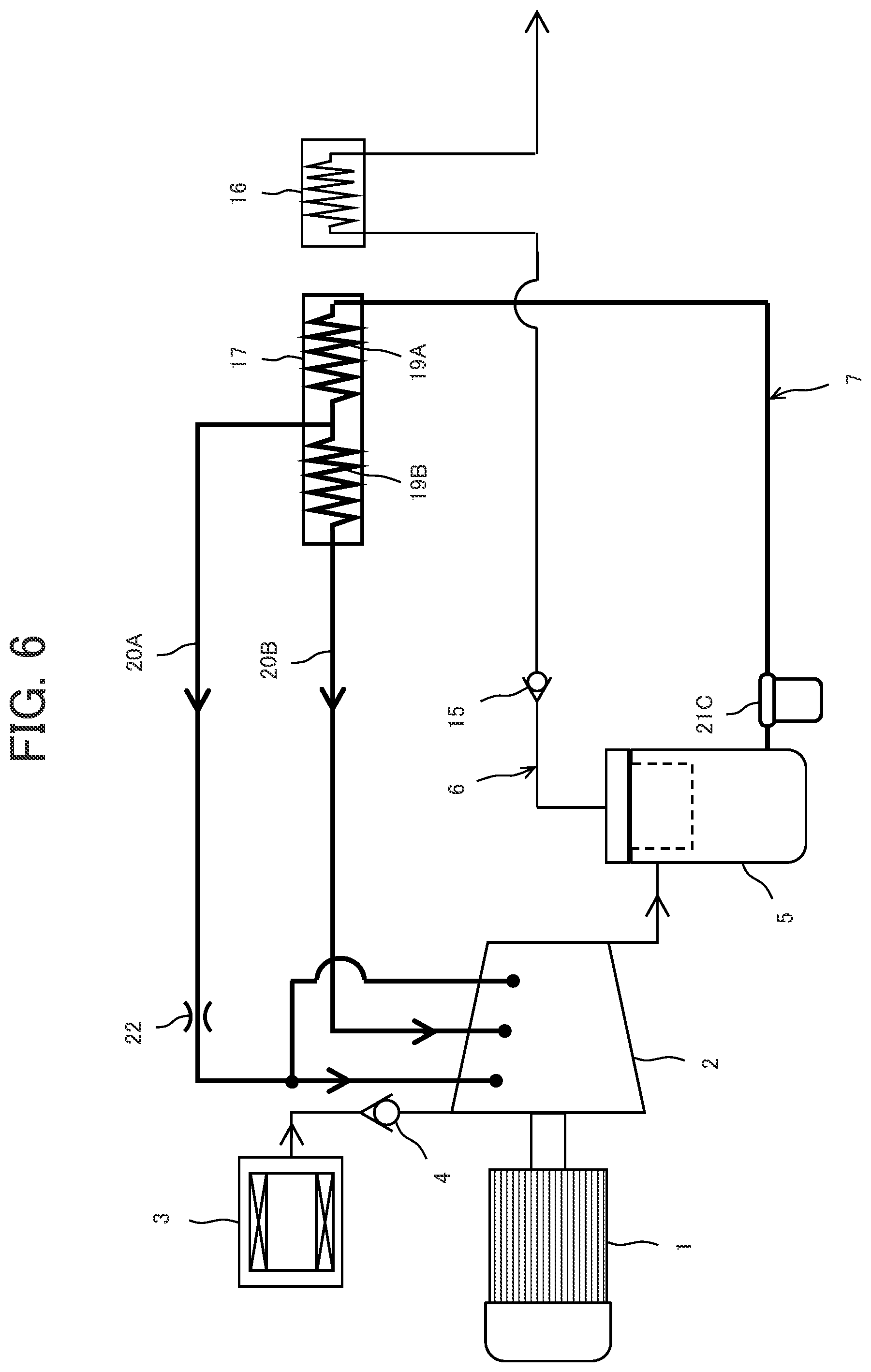 Patent US12104599 Figure 5 – Liquid feed type gas compressor having a liquid supply system with first and second cooling units
