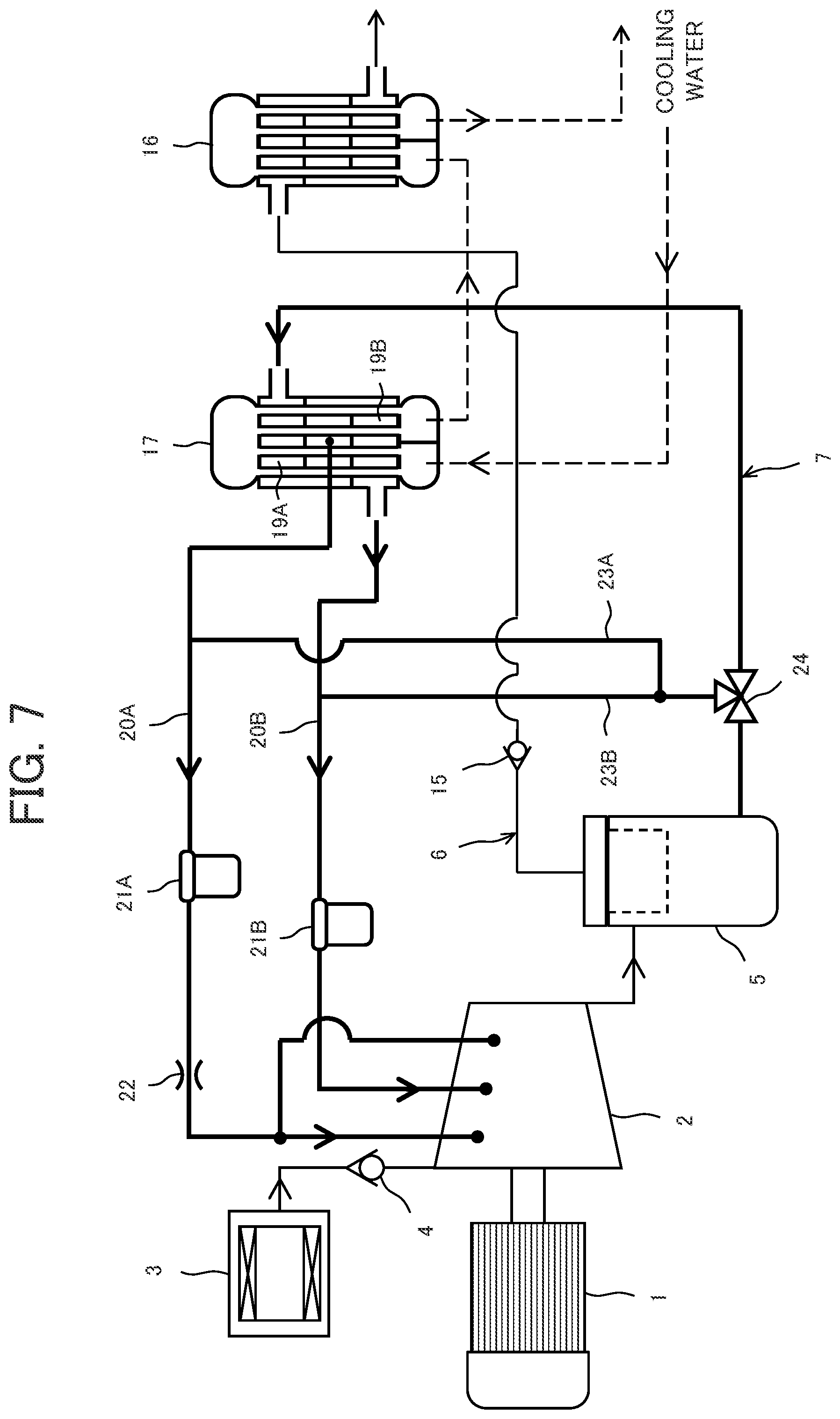 Patent US12104599 Figure 6 – Liquid feed type gas compressor having a liquid supply system with first and second cooling units