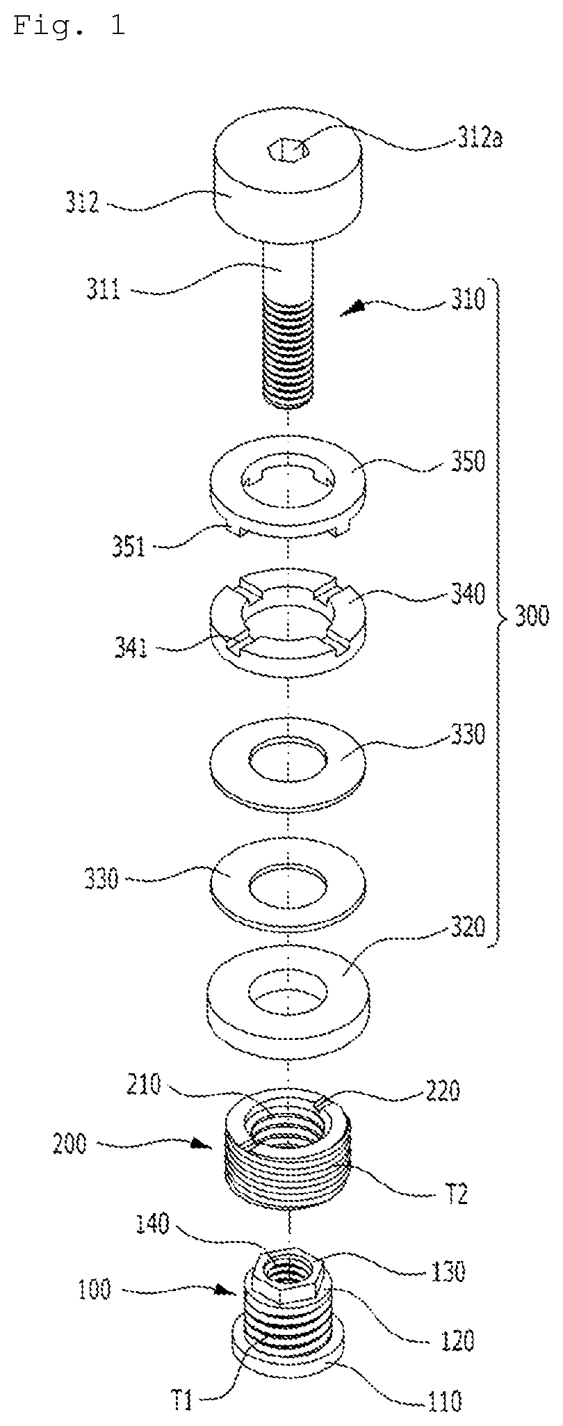 Patent US12104638 Figure 1 – Interlocking fastening upper electrode assembly having improved fastening force, and plasma device including same