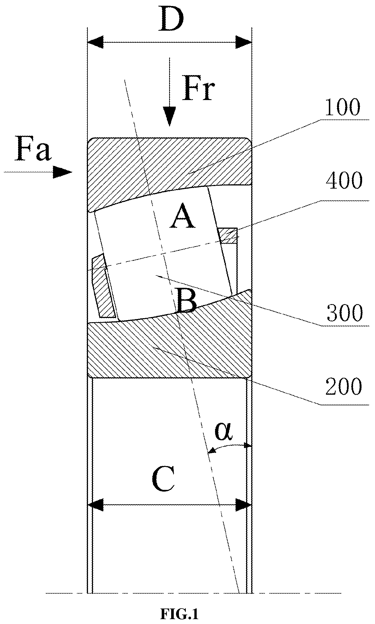 Patent US12104647 Figure 1 – Angular contact self-aligning roller bearing