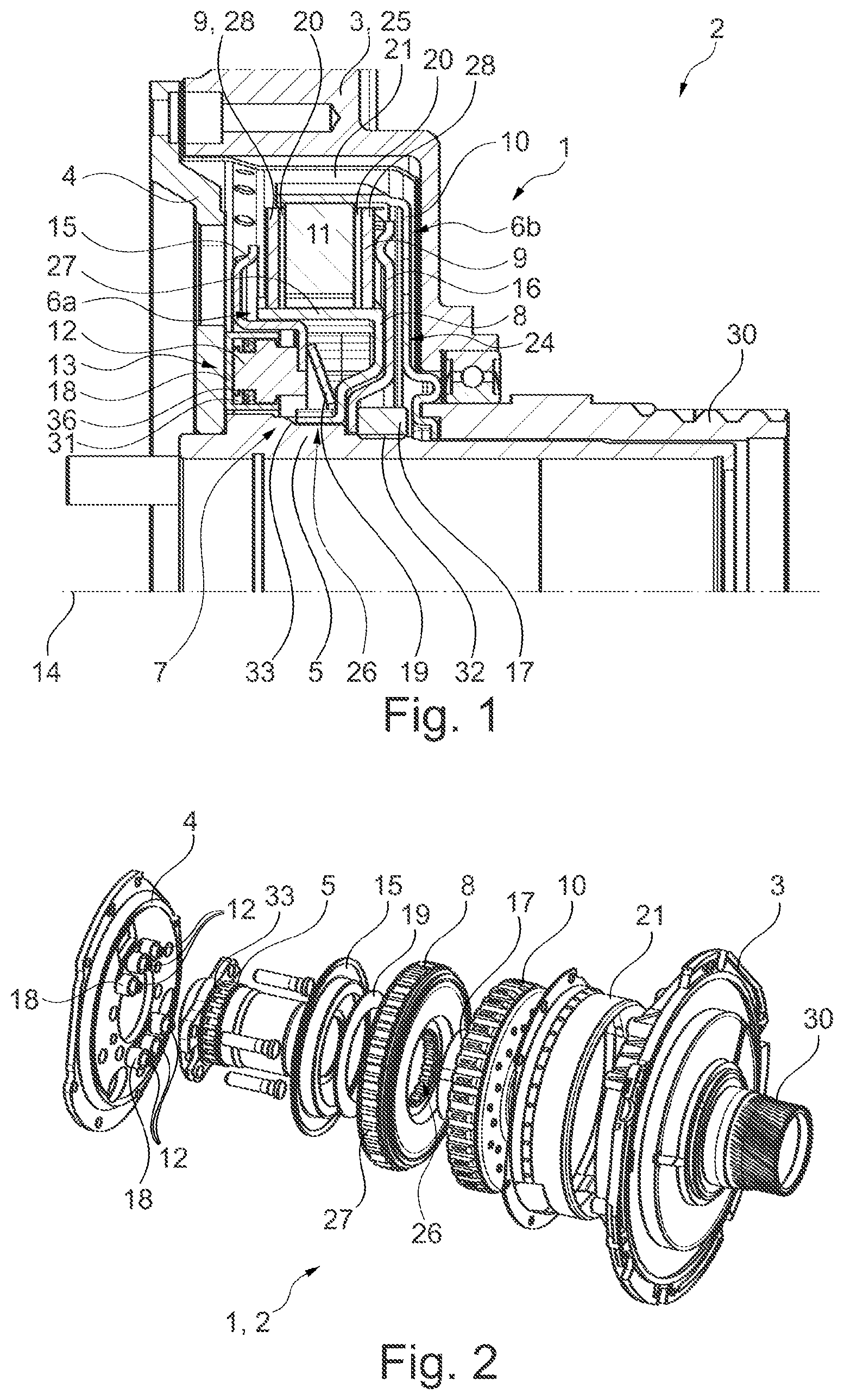 Patent US12104667 Figure 1 – Brake system having multiple pressure pistons for an electric wheel drive unit, and wheel drive unit