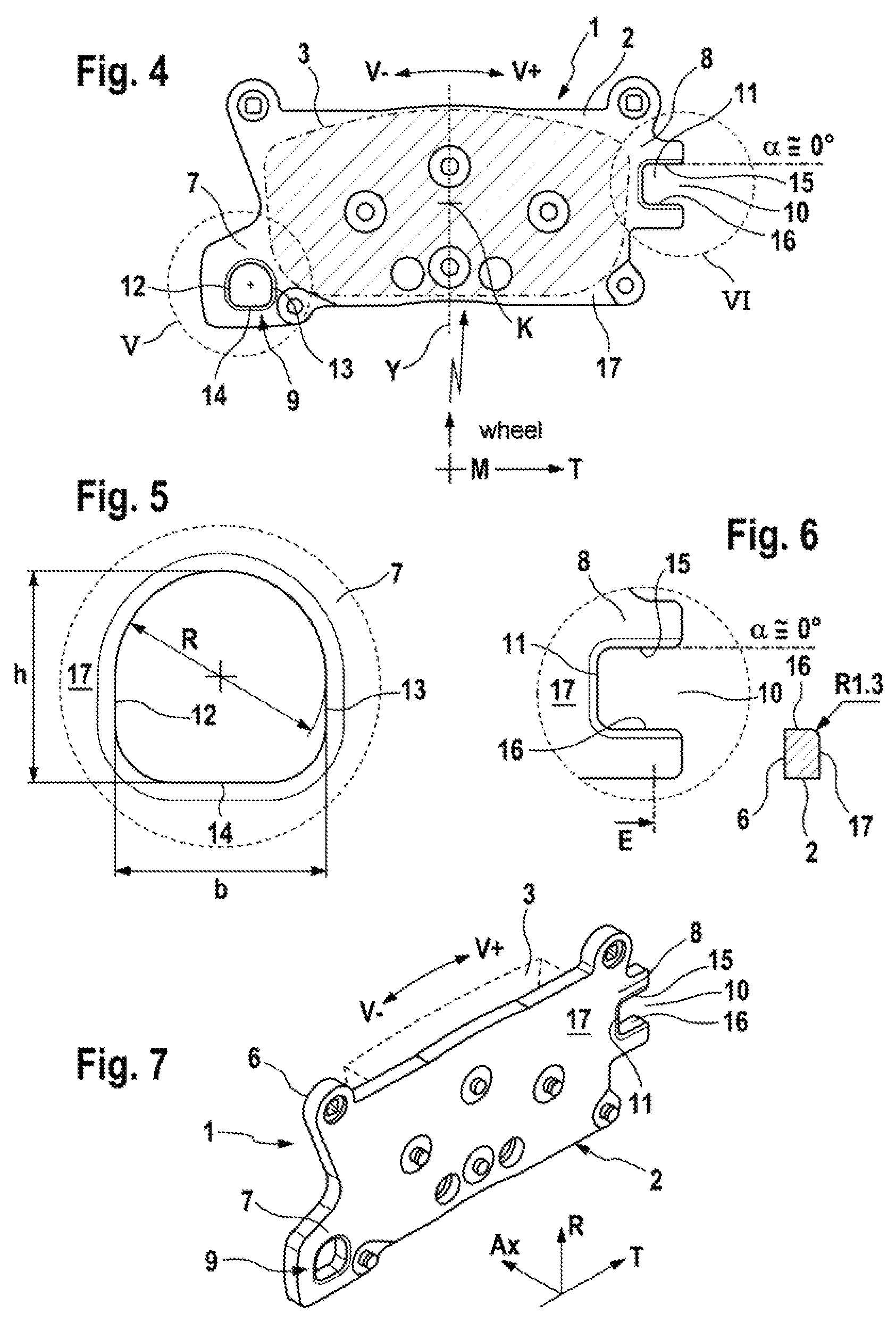 Patent US12104668 Figure 4 – Disc brake lining, assembled depending on the direction of rotation, for a fixed caliper disc brake