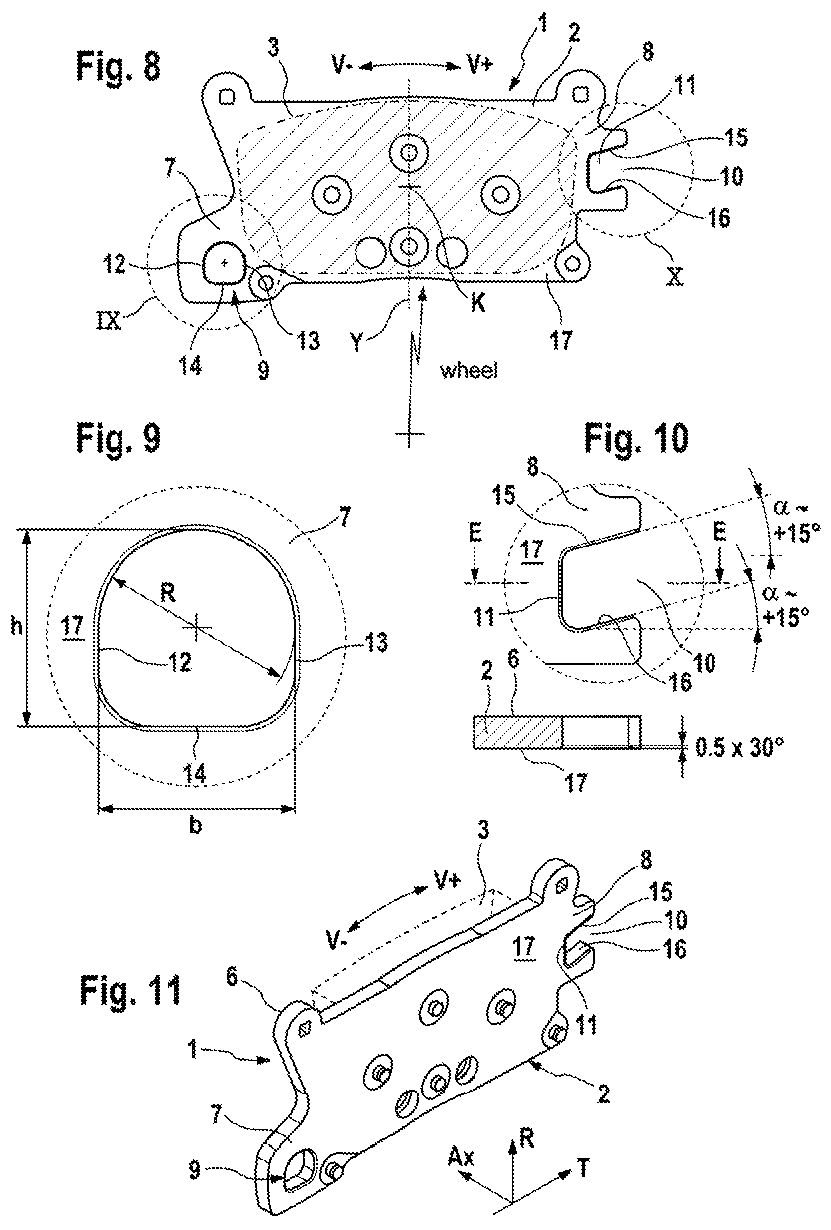 Patent US12104668 Figure 5 – Disc brake lining, assembled depending on the direction of rotation, for a fixed caliper disc brake
