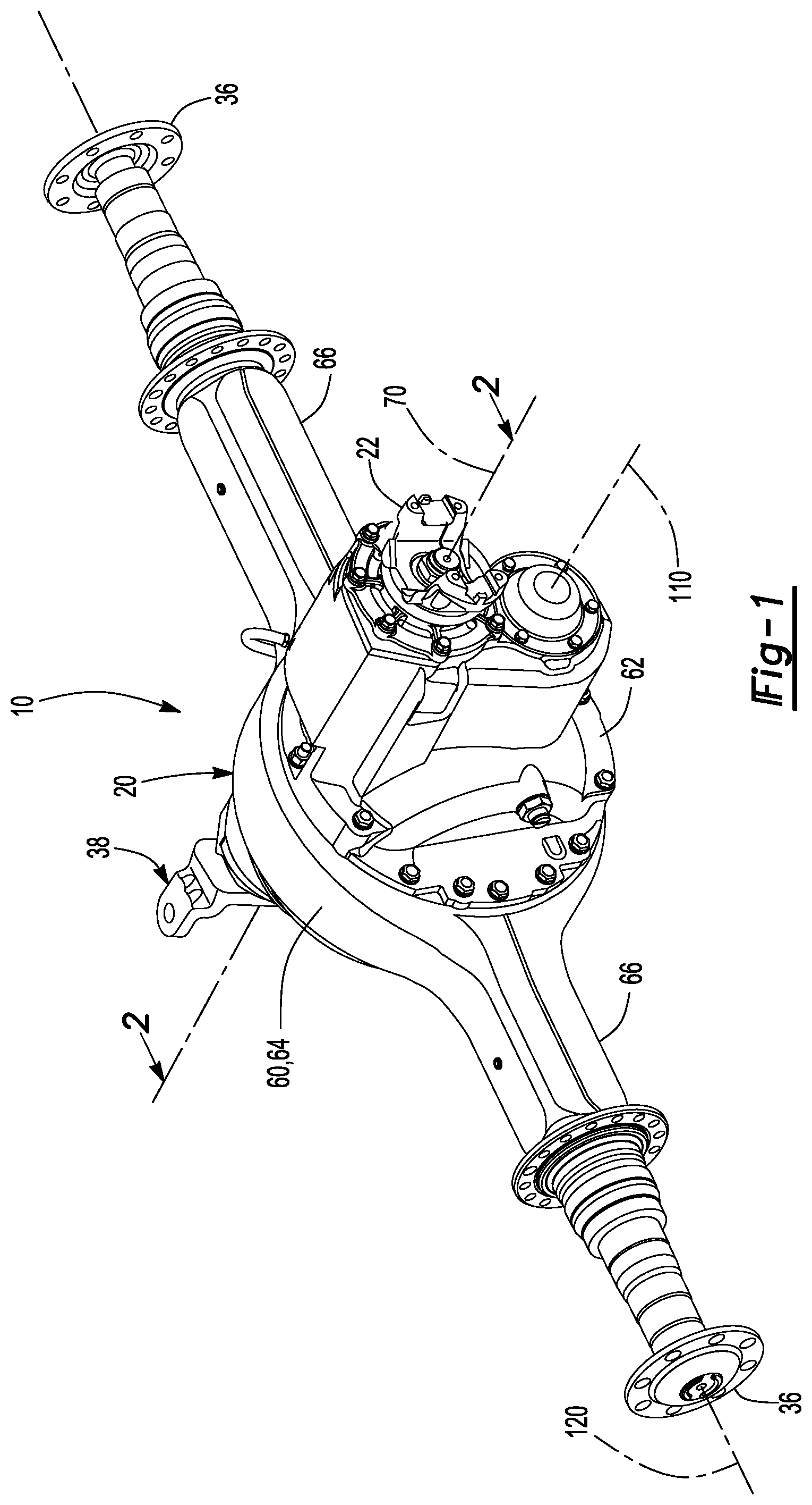 Patent US12104685 Figure 1 – Axle assembly and a unitary yoke-shaft