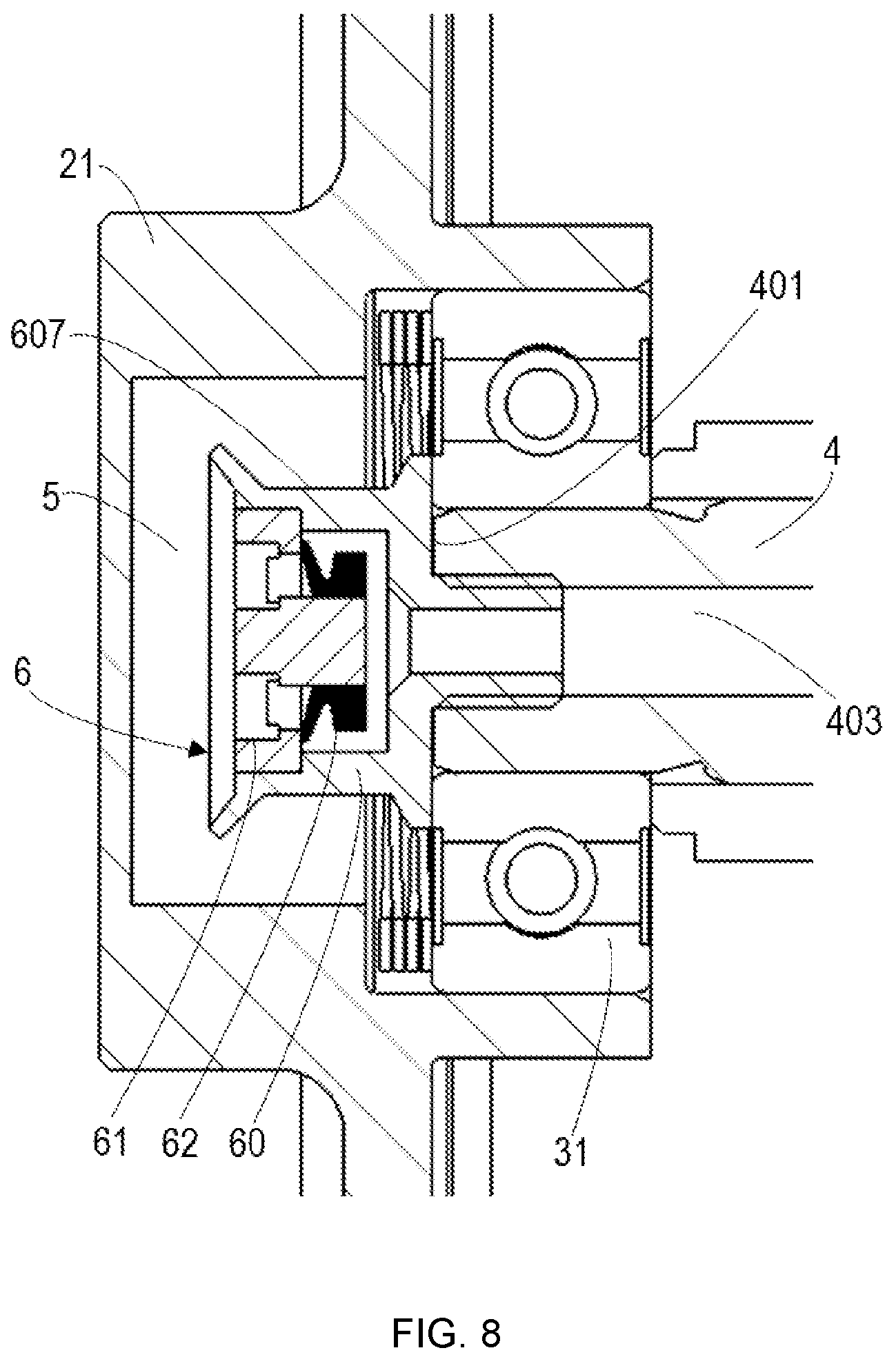 Patent US12104687 Figure 8 – Harmonic reducer with structure to prevent pressure buildup and industrial robot