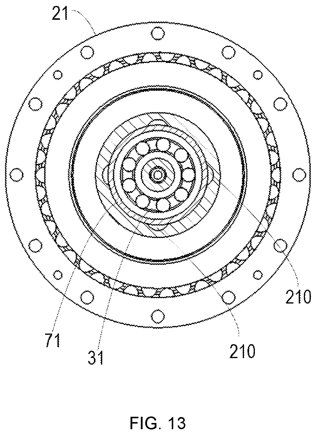 Patent US12104687 Figure 13 – Harmonic reducer with structure to prevent pressure buildup and industrial robot