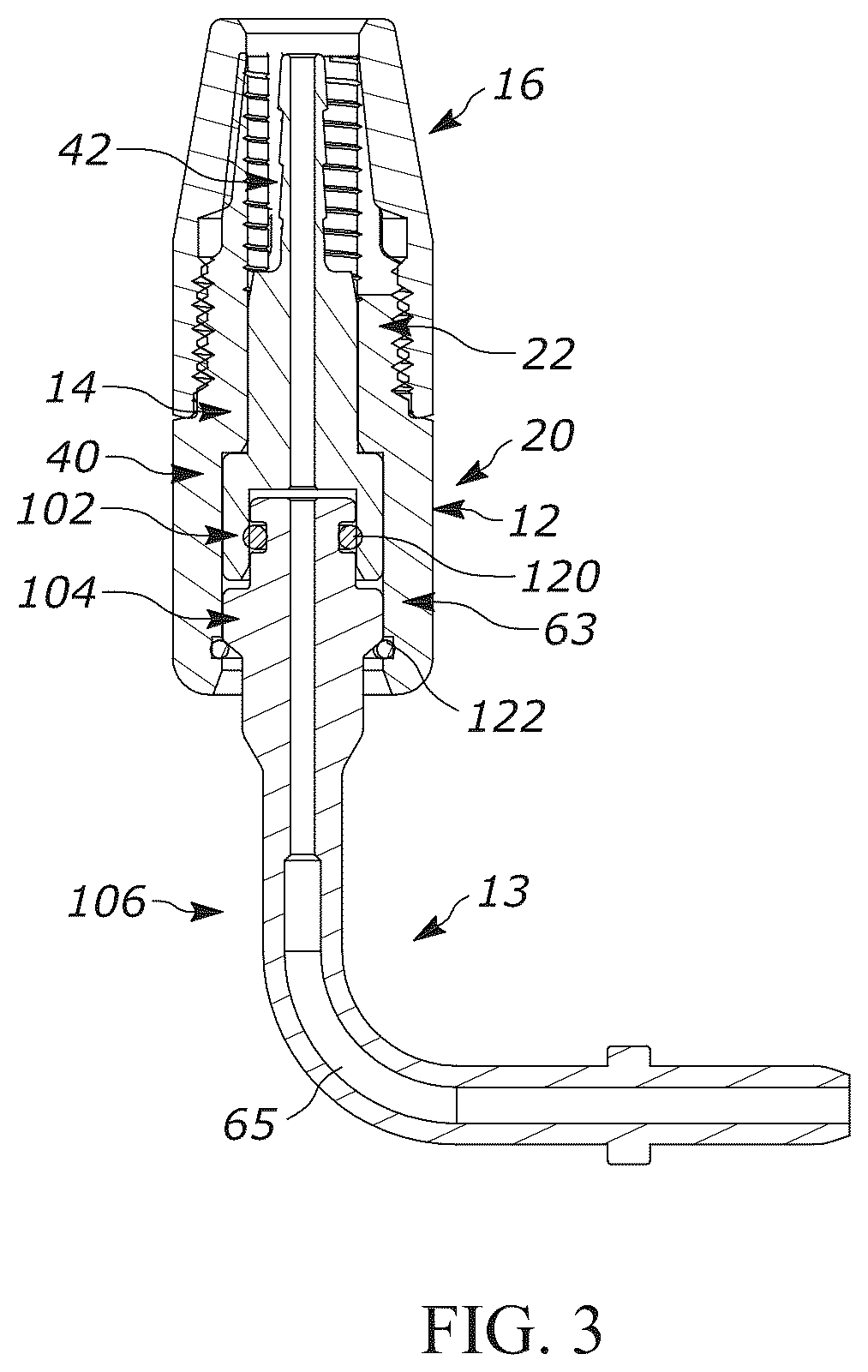 Patent US12104728 Figure 3 – Pivotable hose connector and hydraulic cylinder having a pivotable hose suitable for use in association with convertible tops
