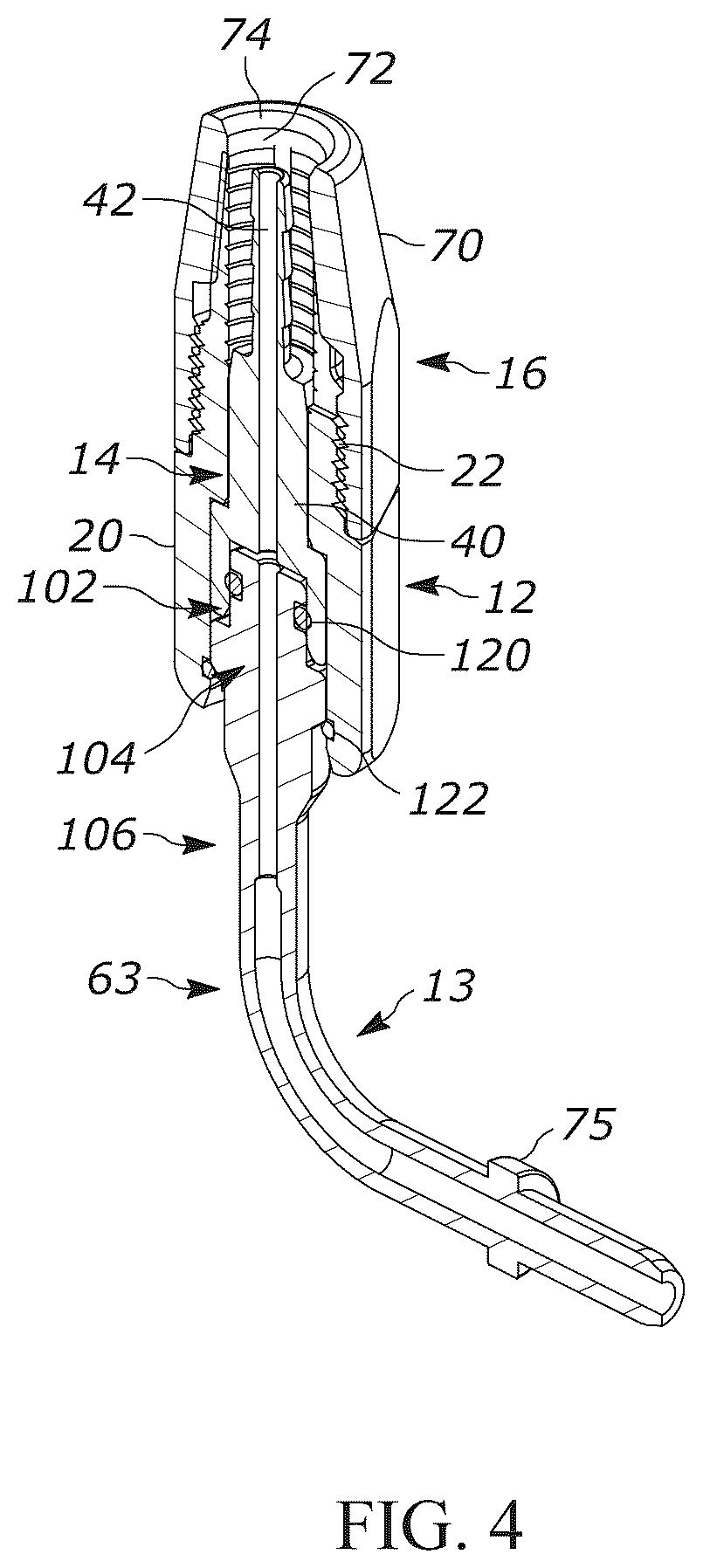 Patent US12104728 Figure 4 – Pivotable hose connector and hydraulic cylinder having a pivotable hose suitable for use in association with convertible tops