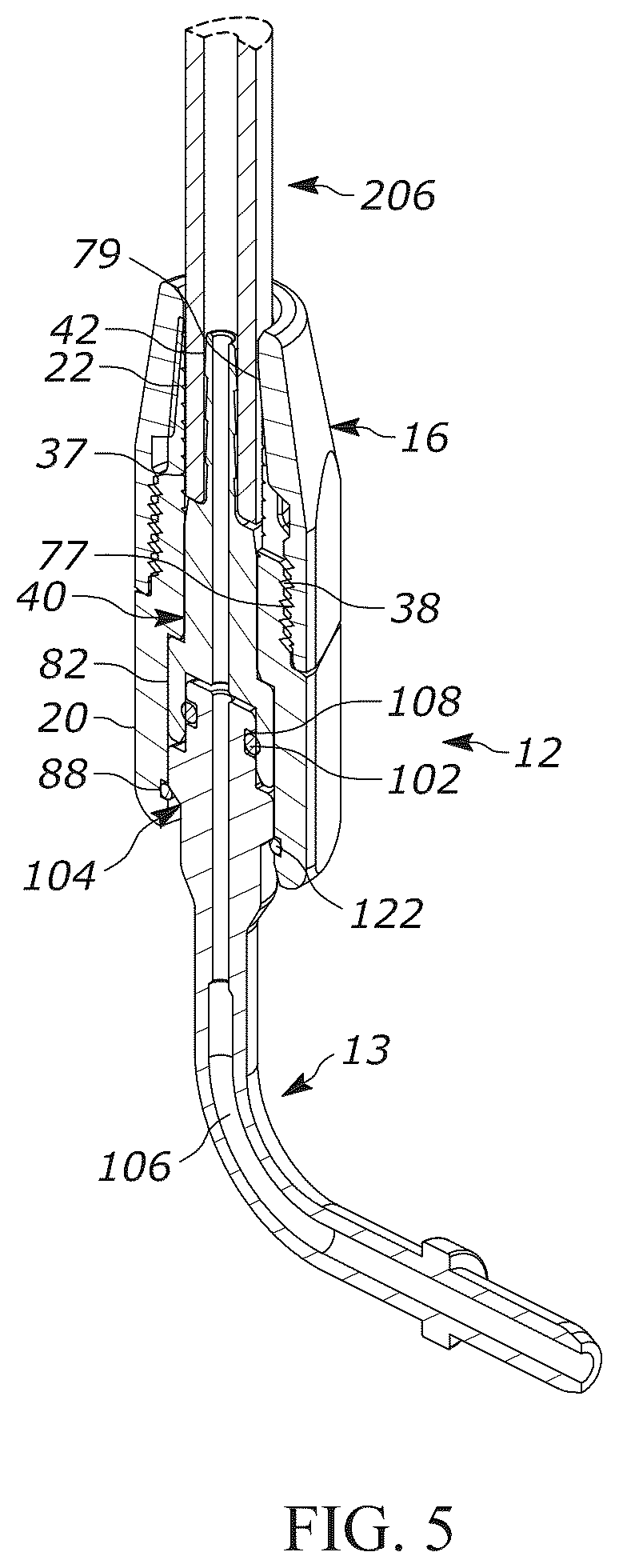 Patent US12104728 Figure 5 – Pivotable hose connector and hydraulic cylinder having a pivotable hose suitable for use in association with convertible tops