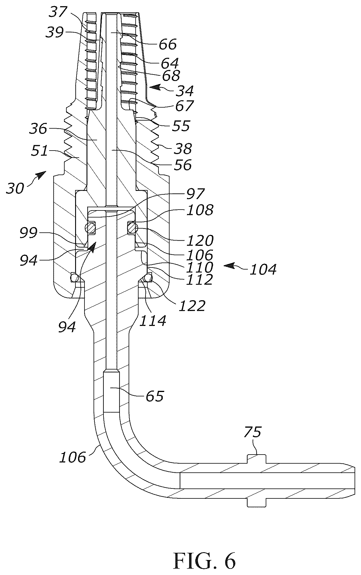Patent US12104728 Figure 6 – Pivotable hose connector and hydraulic cylinder having a pivotable hose suitable for use in association with convertible tops