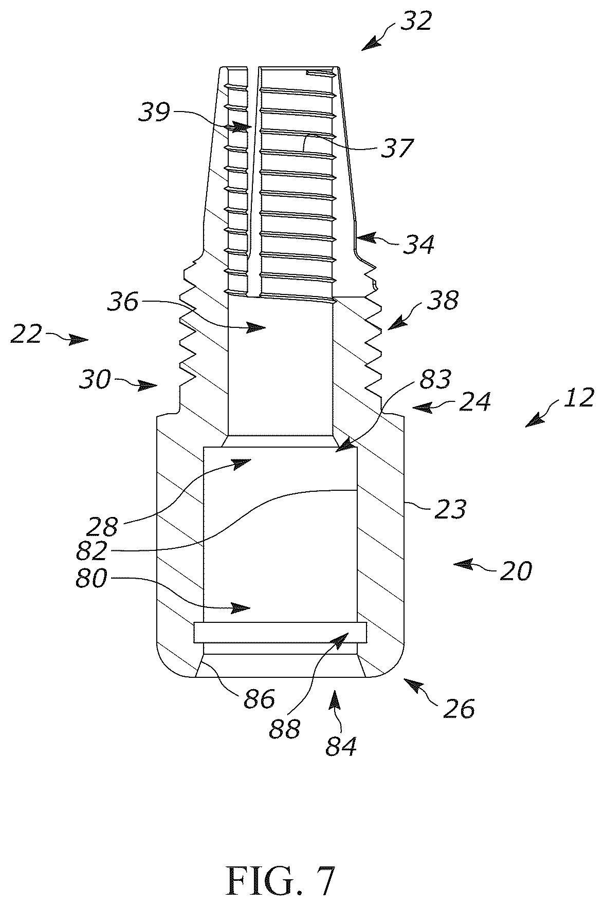 Patent US12104728 Figure 7 – Pivotable hose connector and hydraulic cylinder having a pivotable hose suitable for use in association with convertible tops