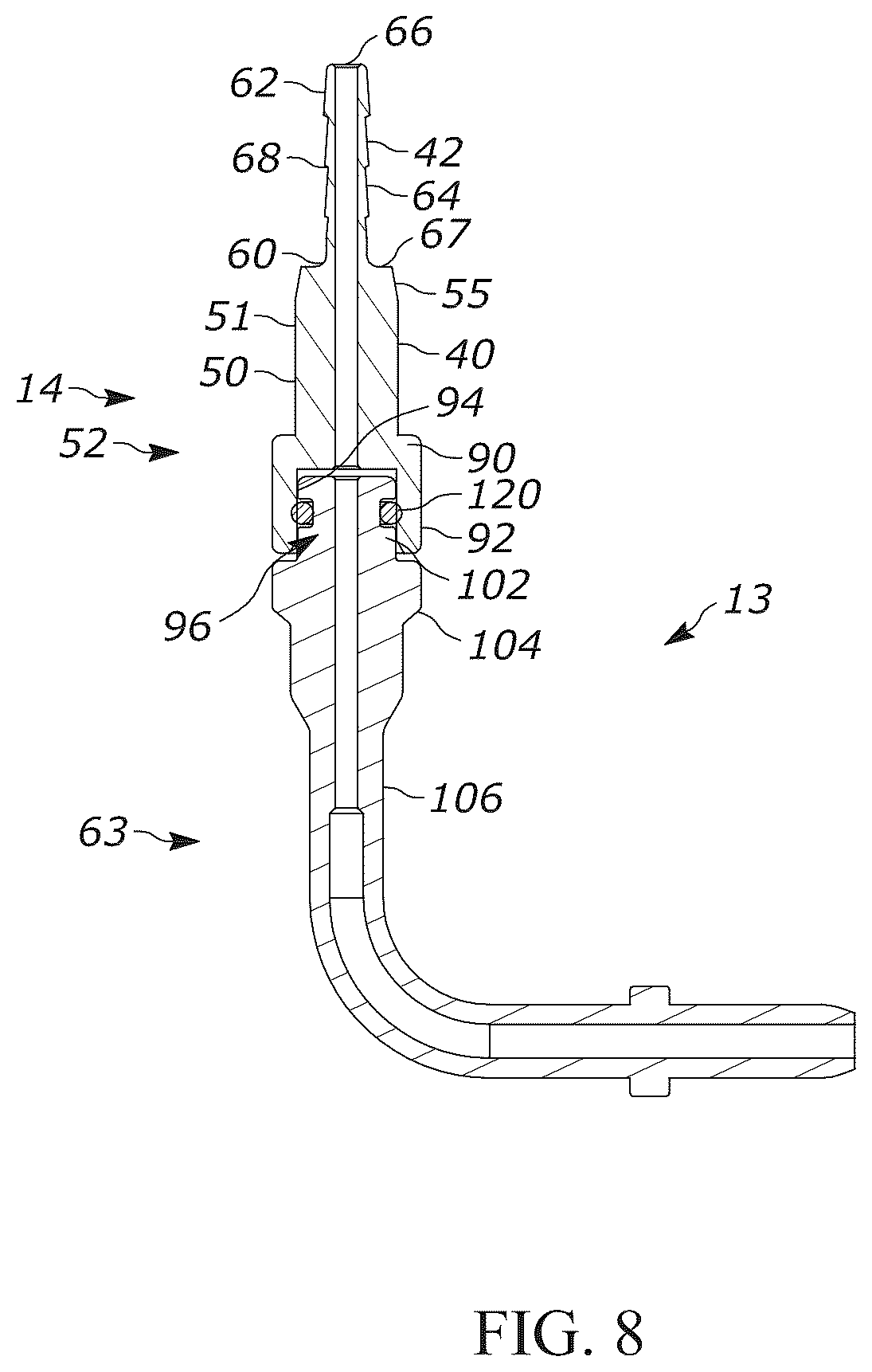 Patent US12104728 Figure 8 – Pivotable hose connector and hydraulic cylinder having a pivotable hose suitable for use in association with convertible tops