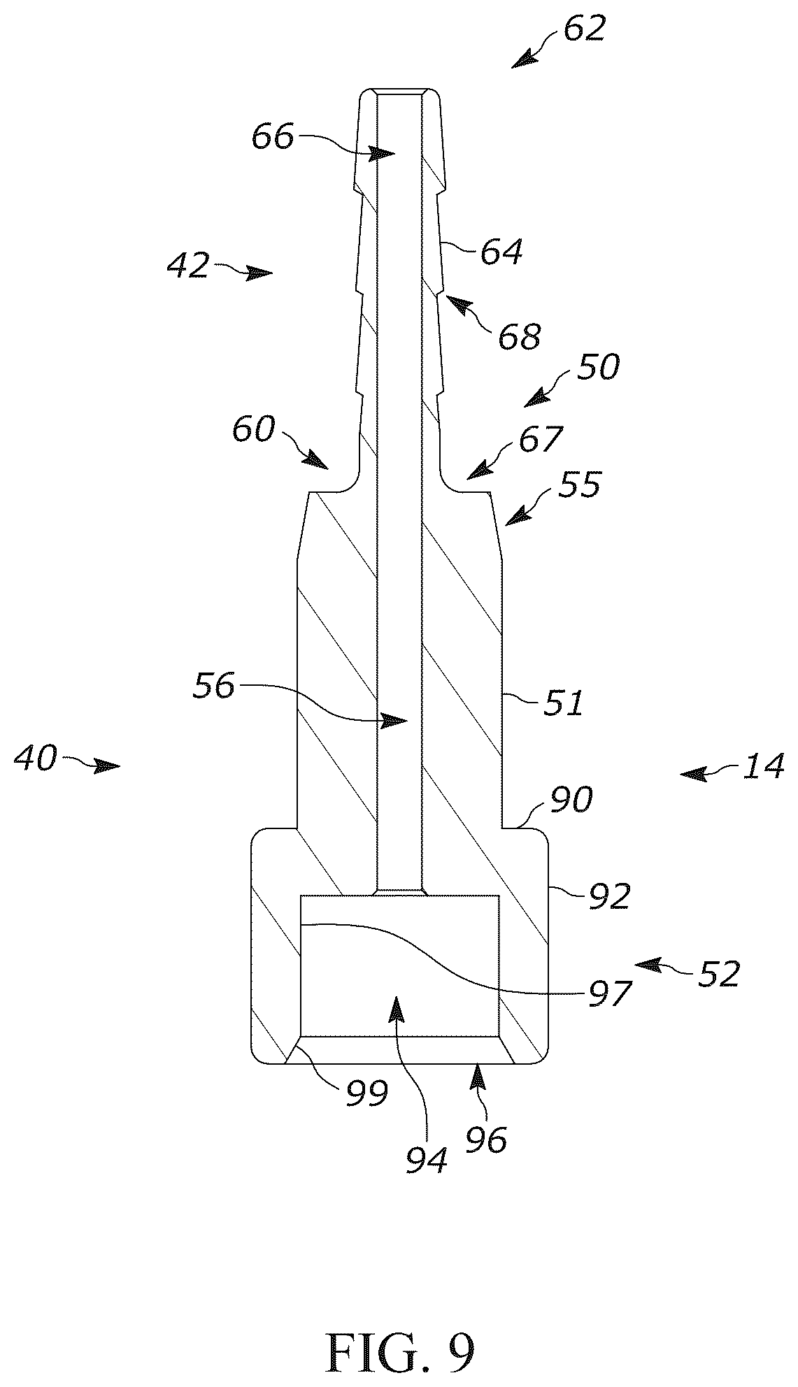Patent US12104728 Figure 9 – Pivotable hose connector and hydraulic cylinder having a pivotable hose suitable for use in association with convertible tops