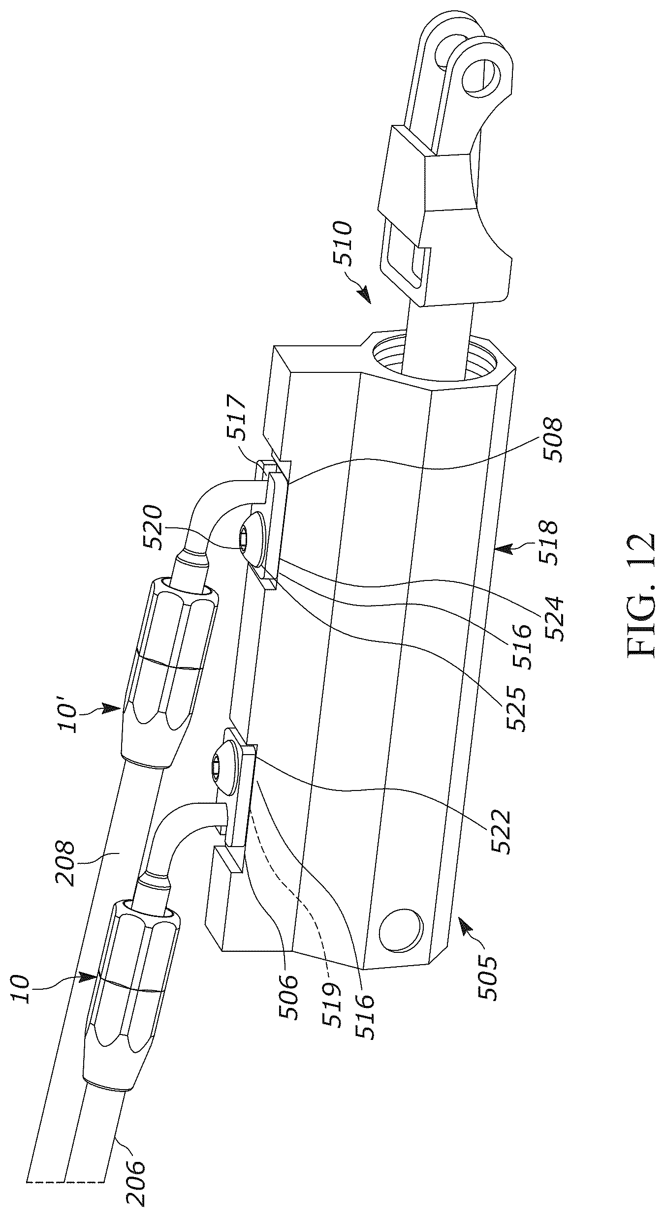 Patent US12104728 Figure 12 – Pivotable hose connector and hydraulic cylinder having a pivotable hose suitable for use in association with convertible tops
