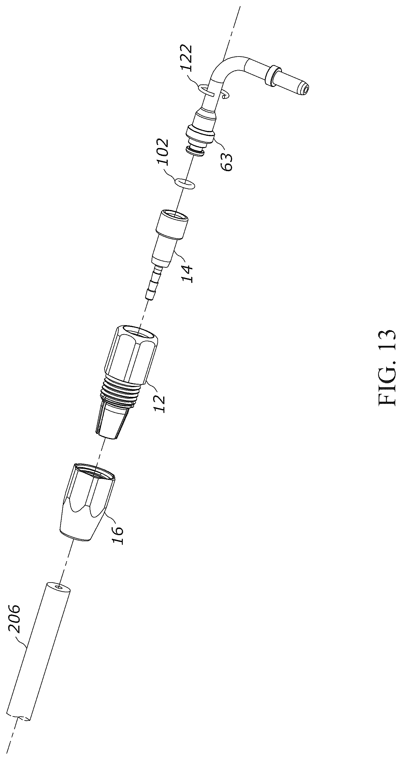 Patent US12104728 Figure 13 – Pivotable hose connector and hydraulic cylinder having a pivotable hose suitable for use in association with convertible tops