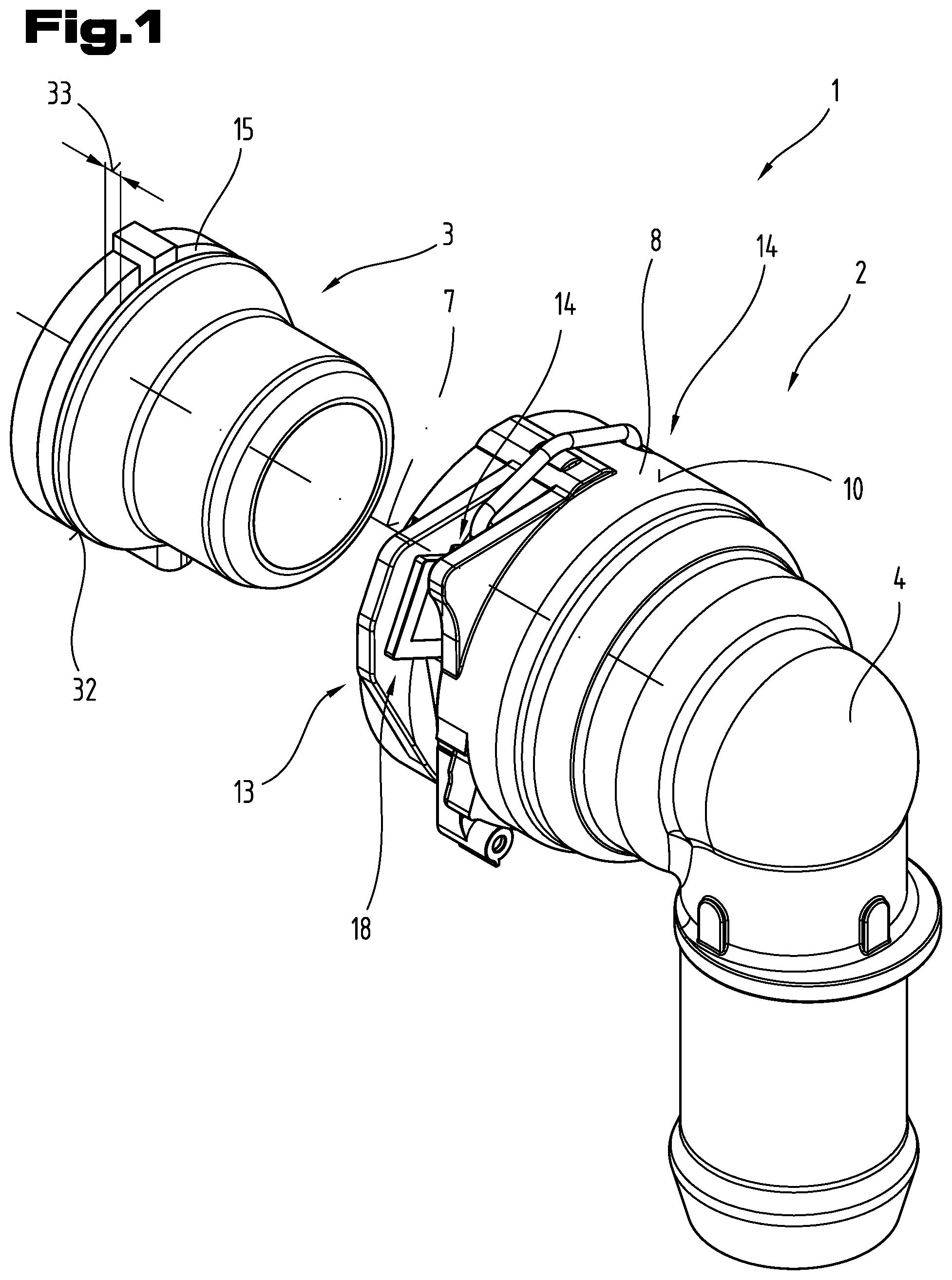 Patent US12104732 Figure 1 – Plug-in connector for connecting pipes for liquid or gaseous media