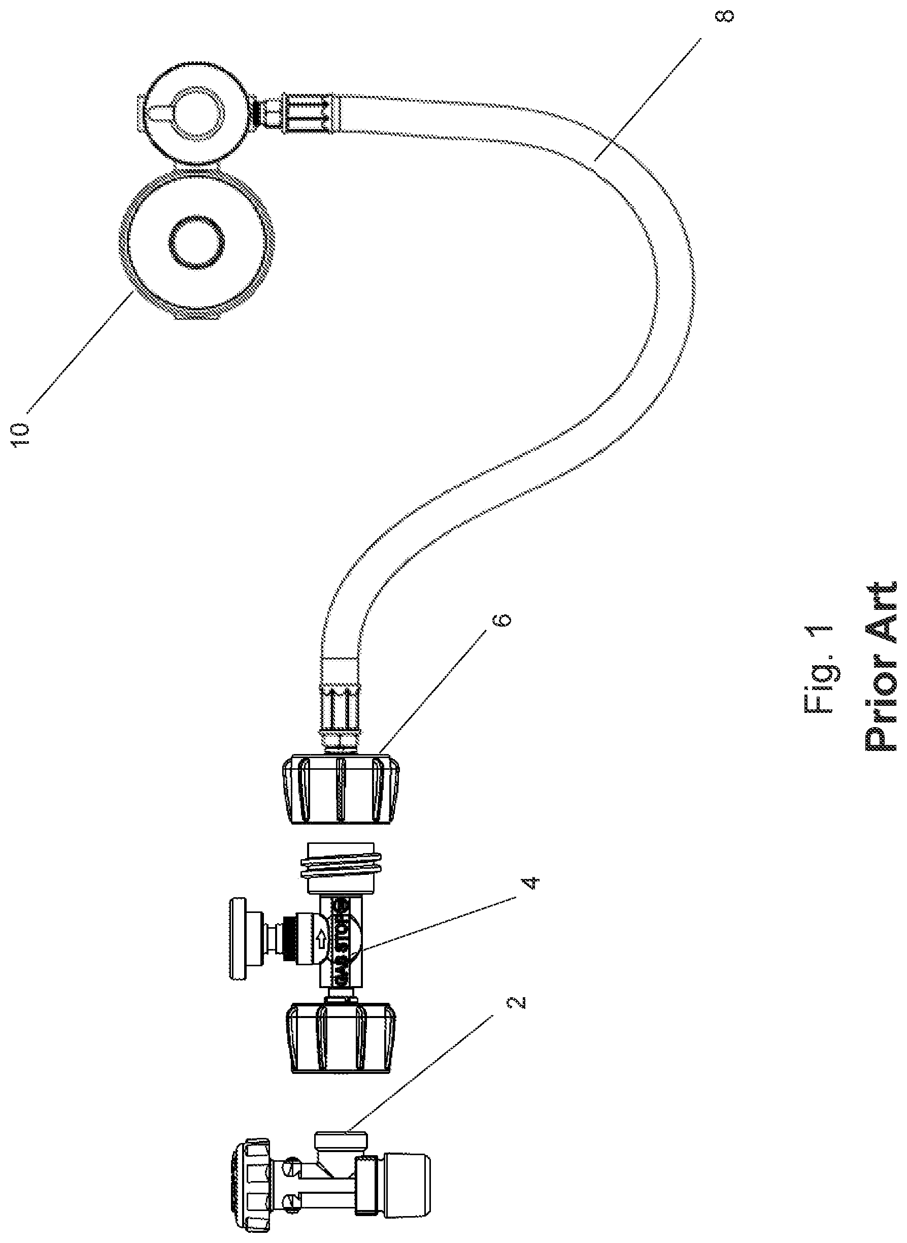 Patent US12104736 Figure 1 – Pigtail hose with elbow fitting