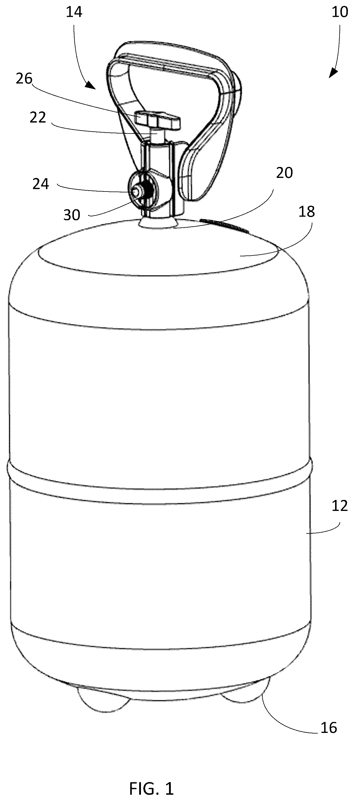 Patent US12104750 Figure 1 – Handle assembly for a portable pressurized gas cylinder