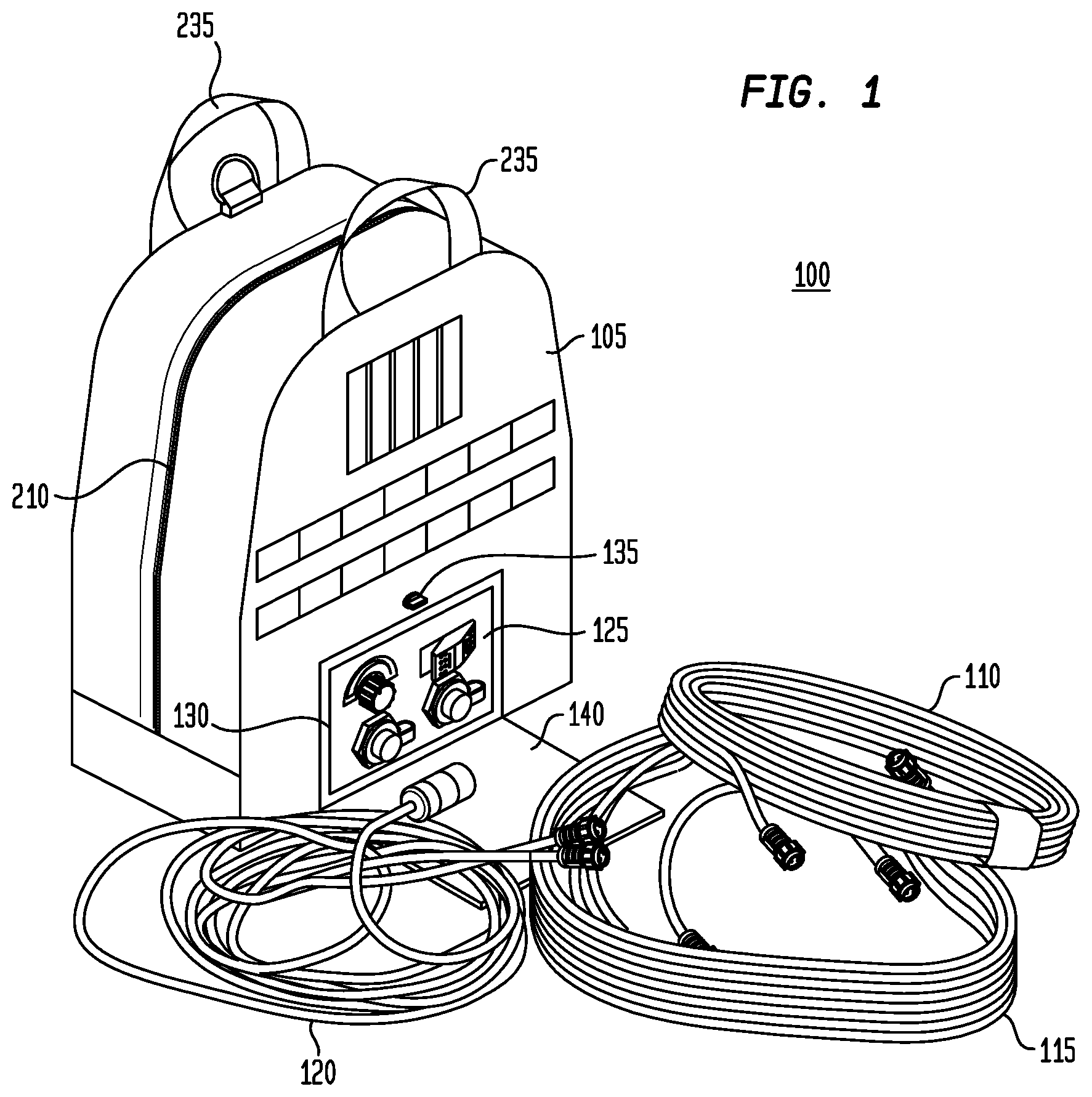 Patent US12104759 Figure 1 – Flexible lighting system with a carrying bag or container having an externally deployable flexible light strip
