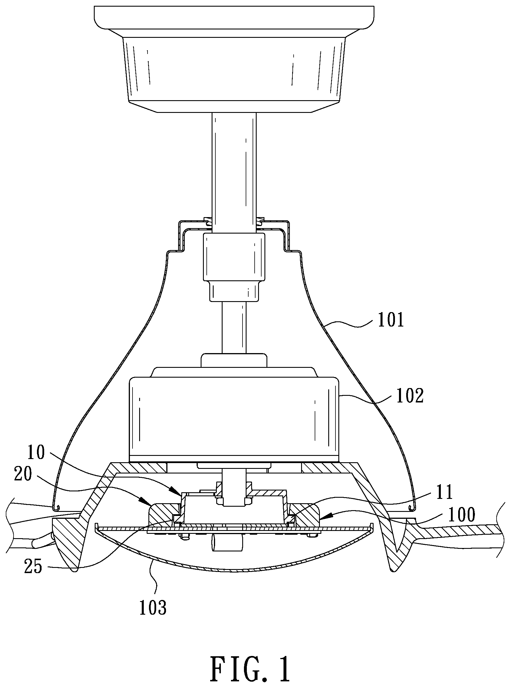 Patent US12104767 Figure 1 – Quick assembling structure for ceiling fan with lamp