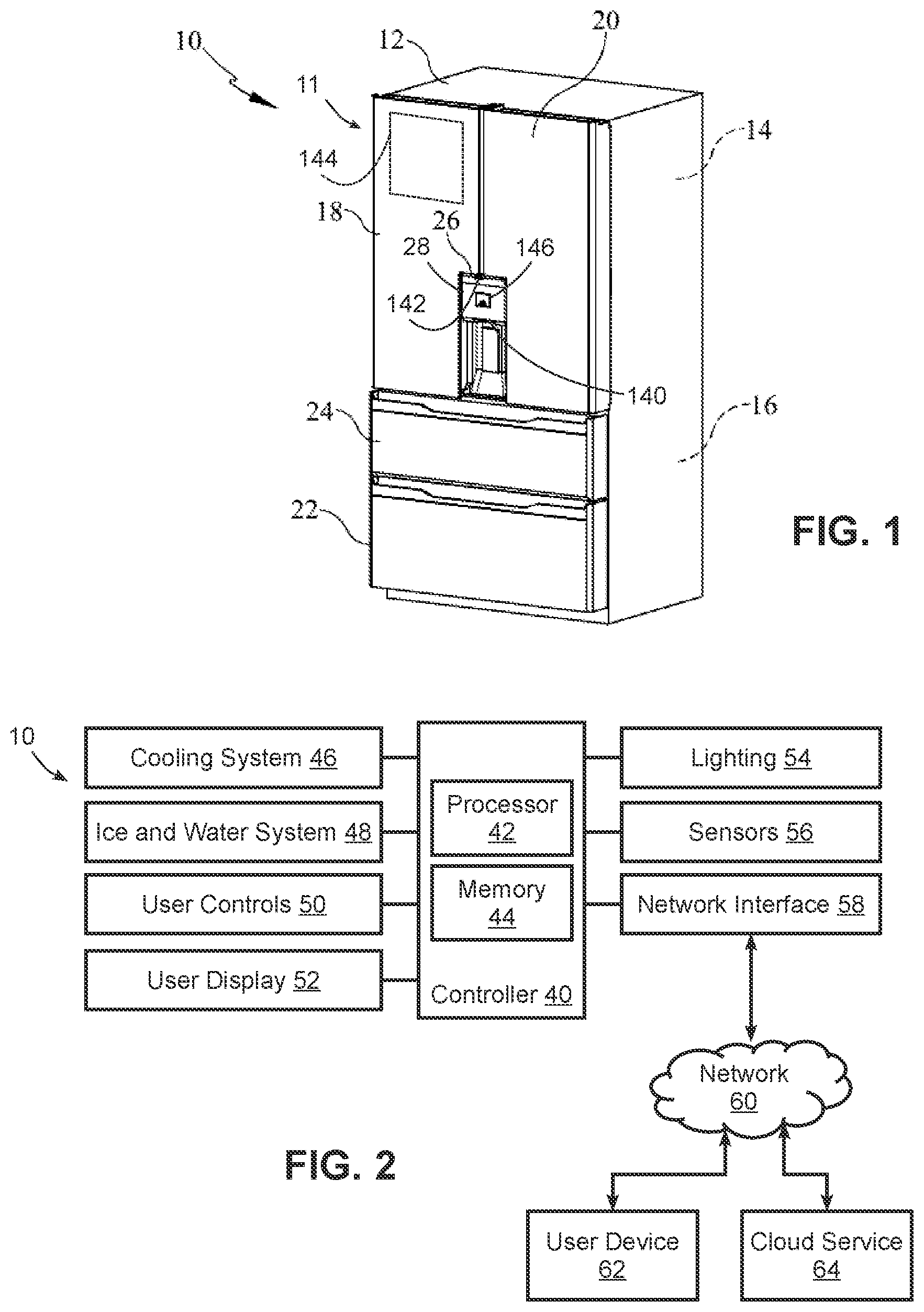 Patent US12104846 Figure 1 – Refrigerator with quick fill dispenser incorporating removable fluid storage receptacle and combined inlet/outlet
