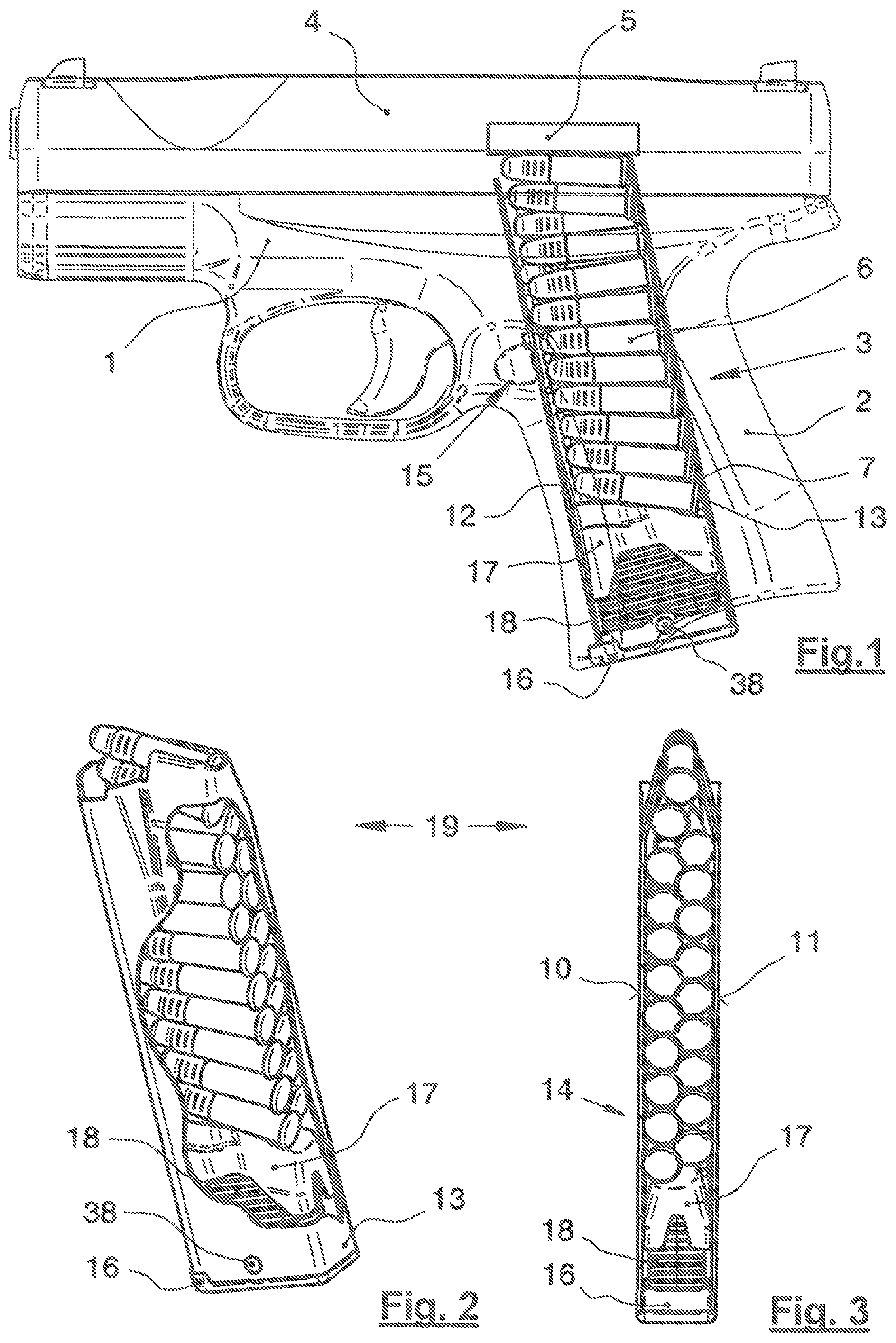 Patent US12104874 Figure 1 – Magazine of a pistol for cartridges with a case rim and pistol with a such