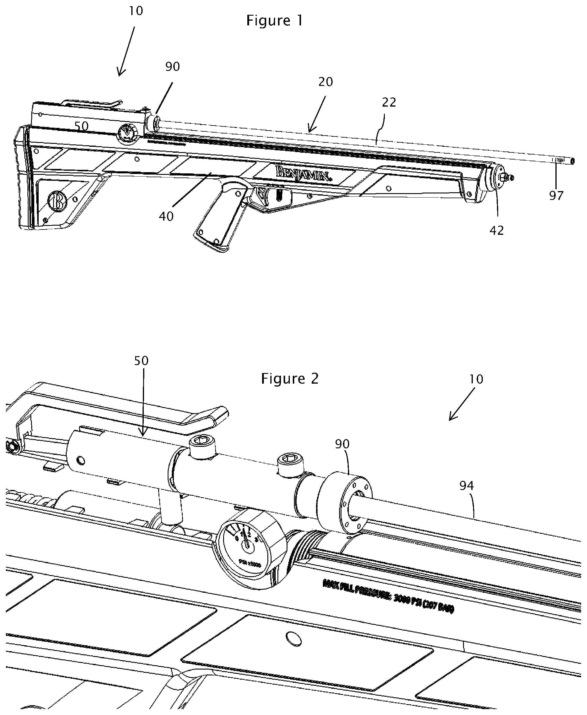 Patent US12104875 Figure 1 – Arrow gun with controlled retention force and barrel vibration damping