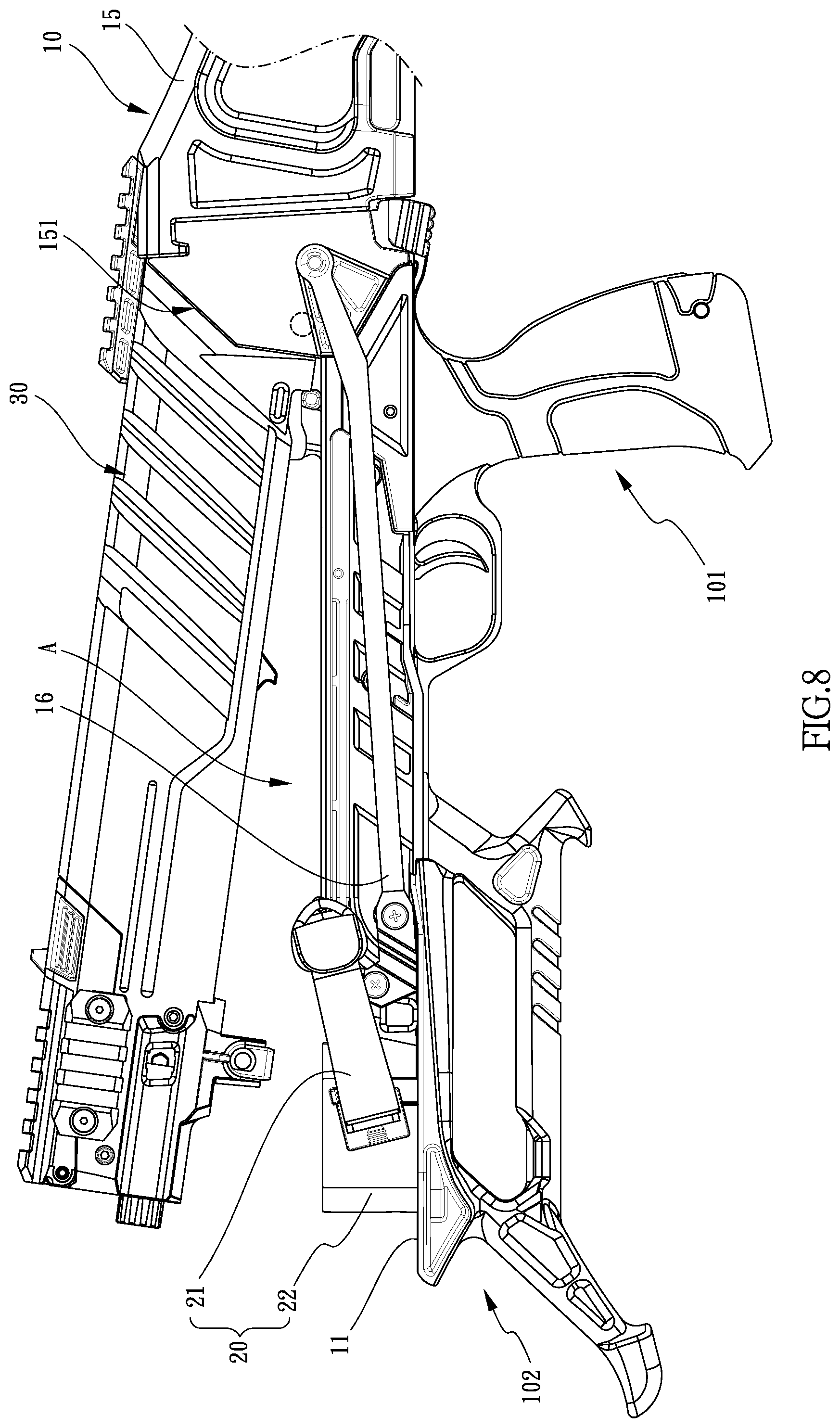 Patent US12104877 Figure 8 – Crossbow with replaceable bow unit