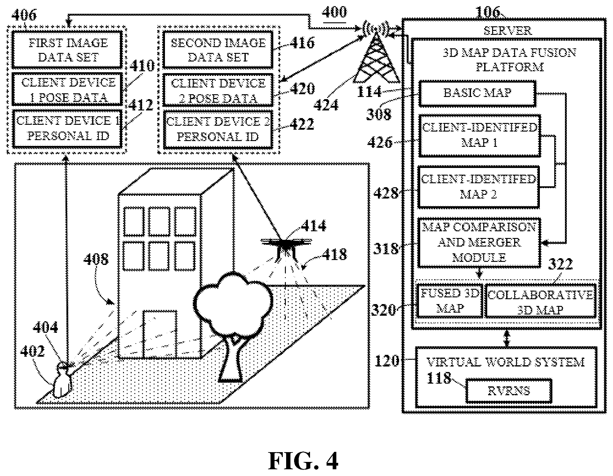 Patent US12104916 Figure 4 – System and method enabling a collaborative 3D map data fusion platform and virtual world system thereof