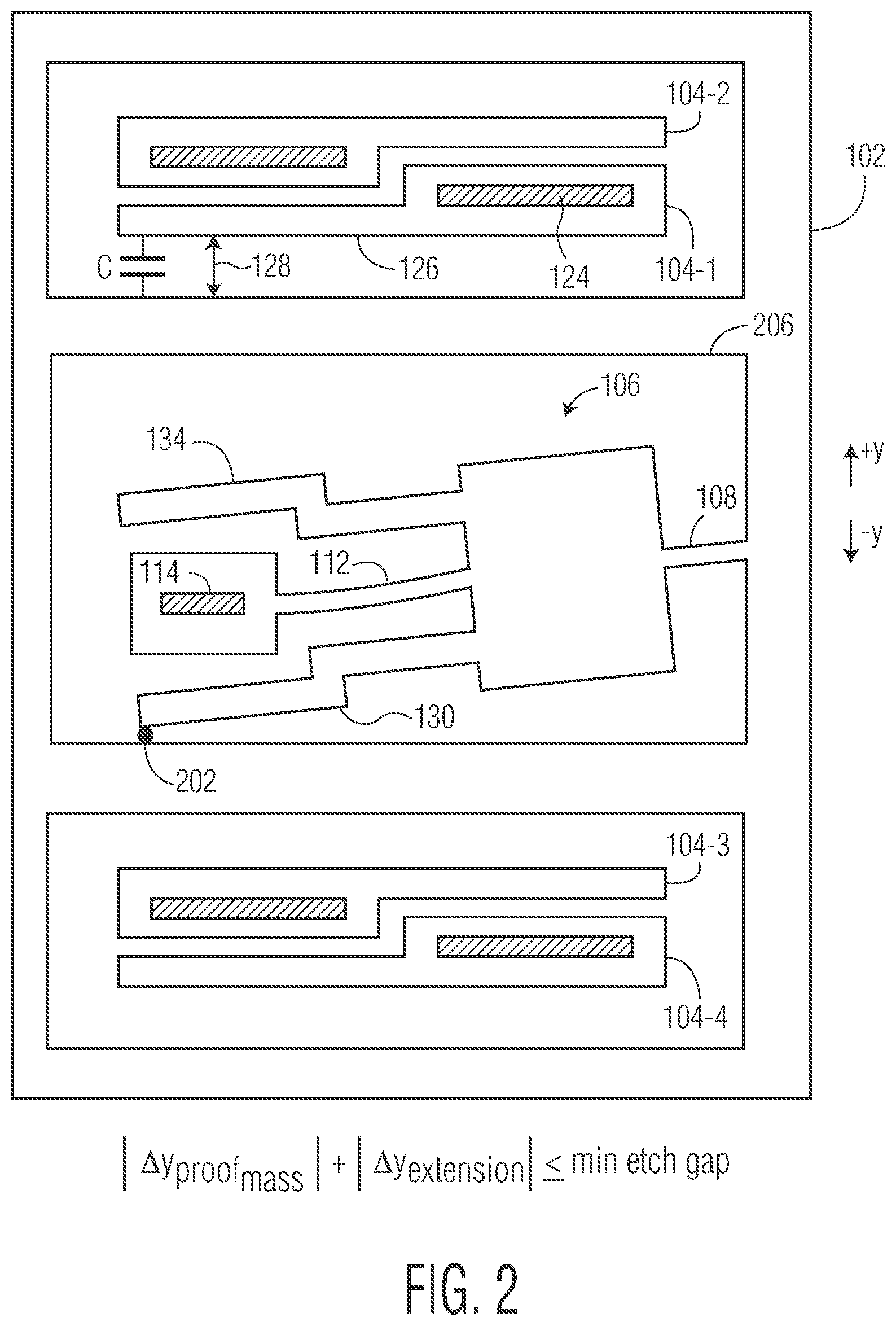 Patent US12105114 Figure 2 – Accelerometer having an over travel stop with a stop gap less than a minimum etch size