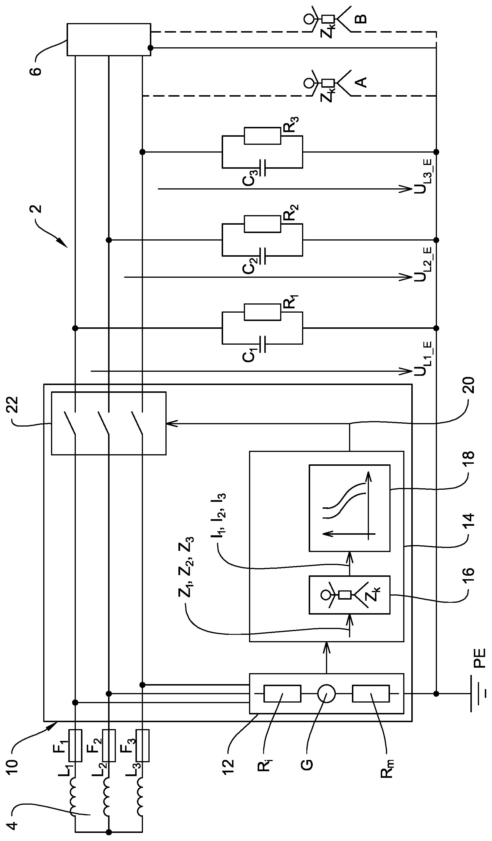 Patent US12105128 Figure 1 – Method and device for impedance monitoring for protection against electric shock