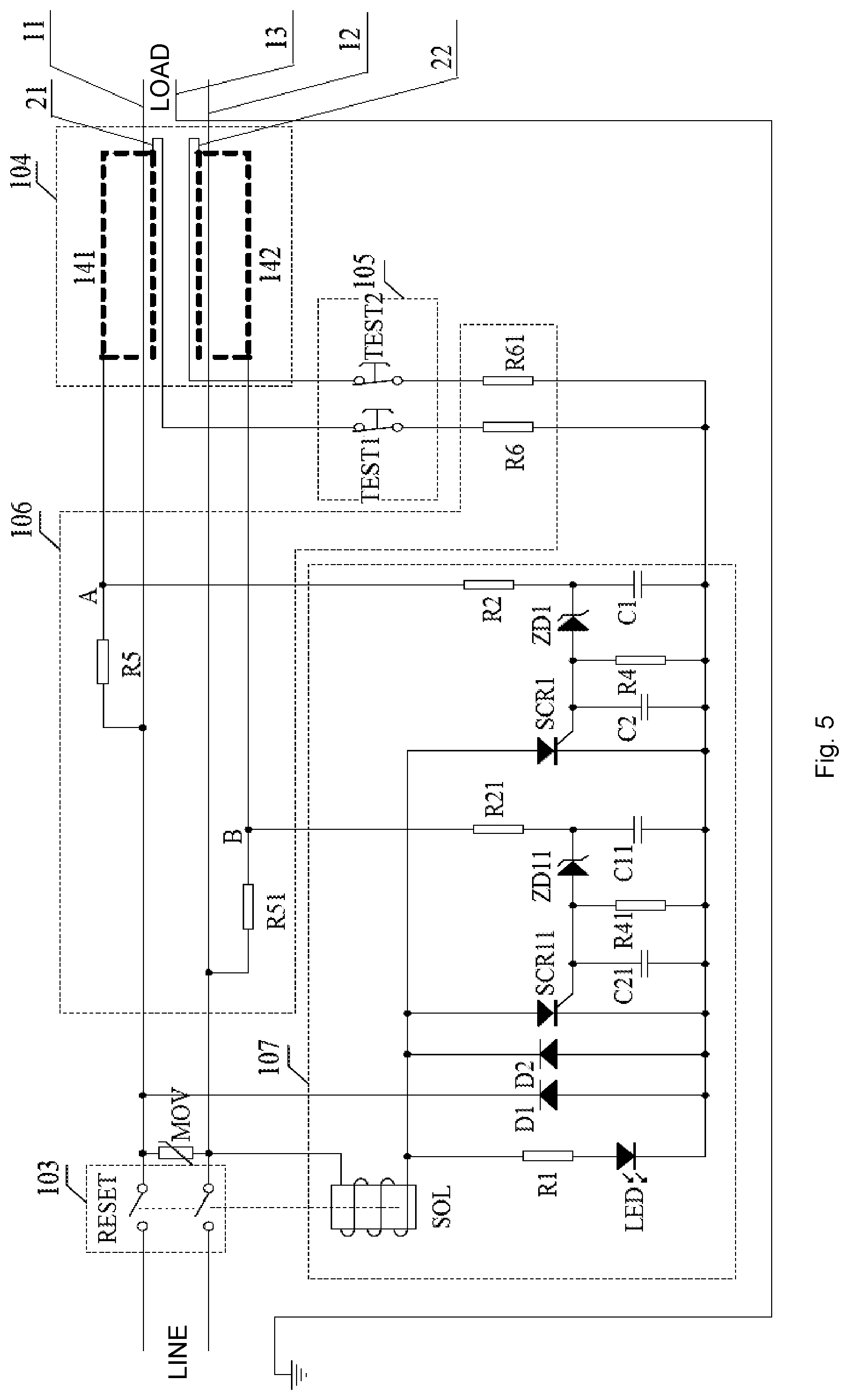 Patent US12105157 Figure 5 – Leakage current detection and interruption device for power cord and related electrical connectors and electrical appliances