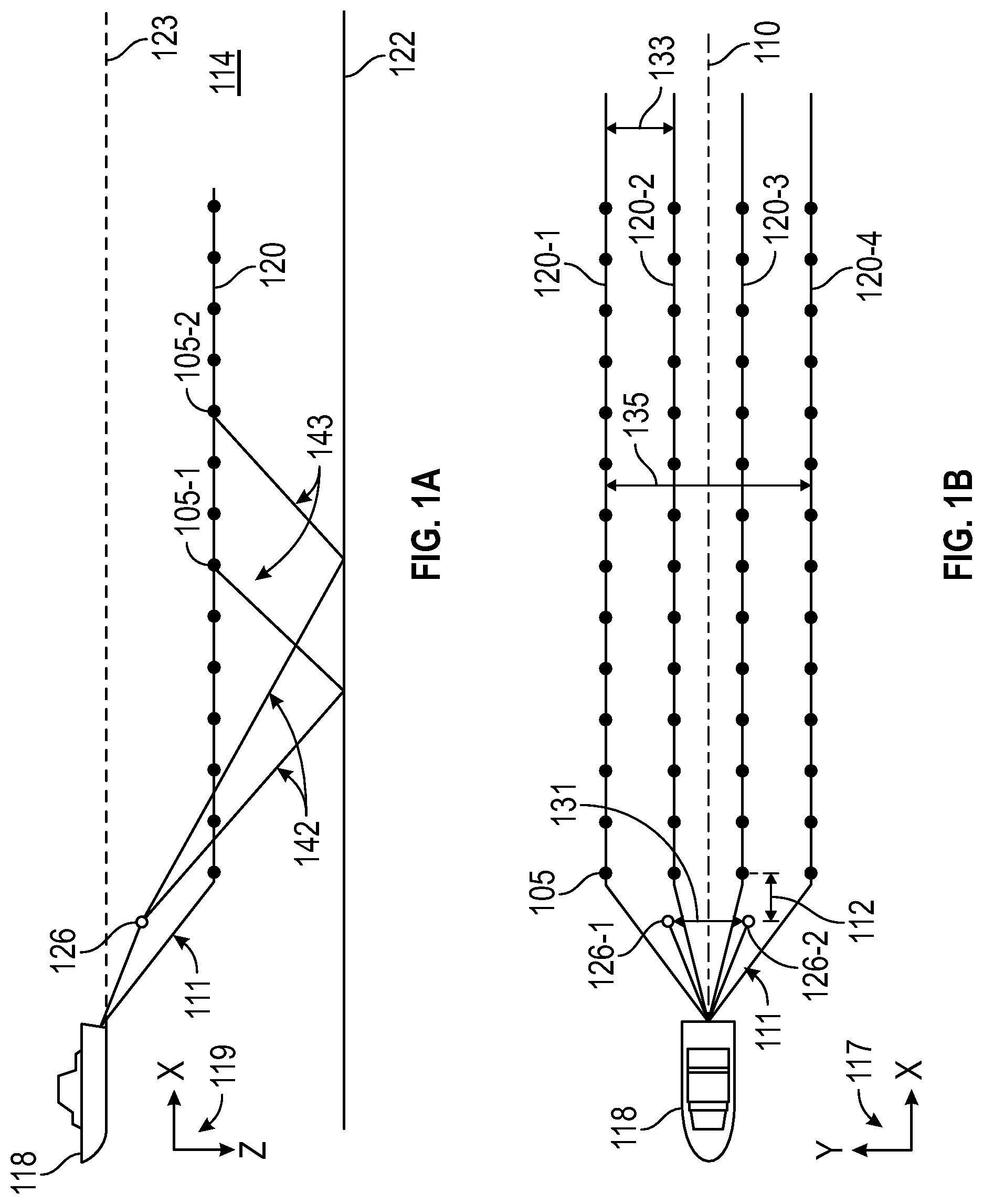 Patent US12105239 Figure 1 – Surveying with non-uniform survey configuration with wide-tow source geometry