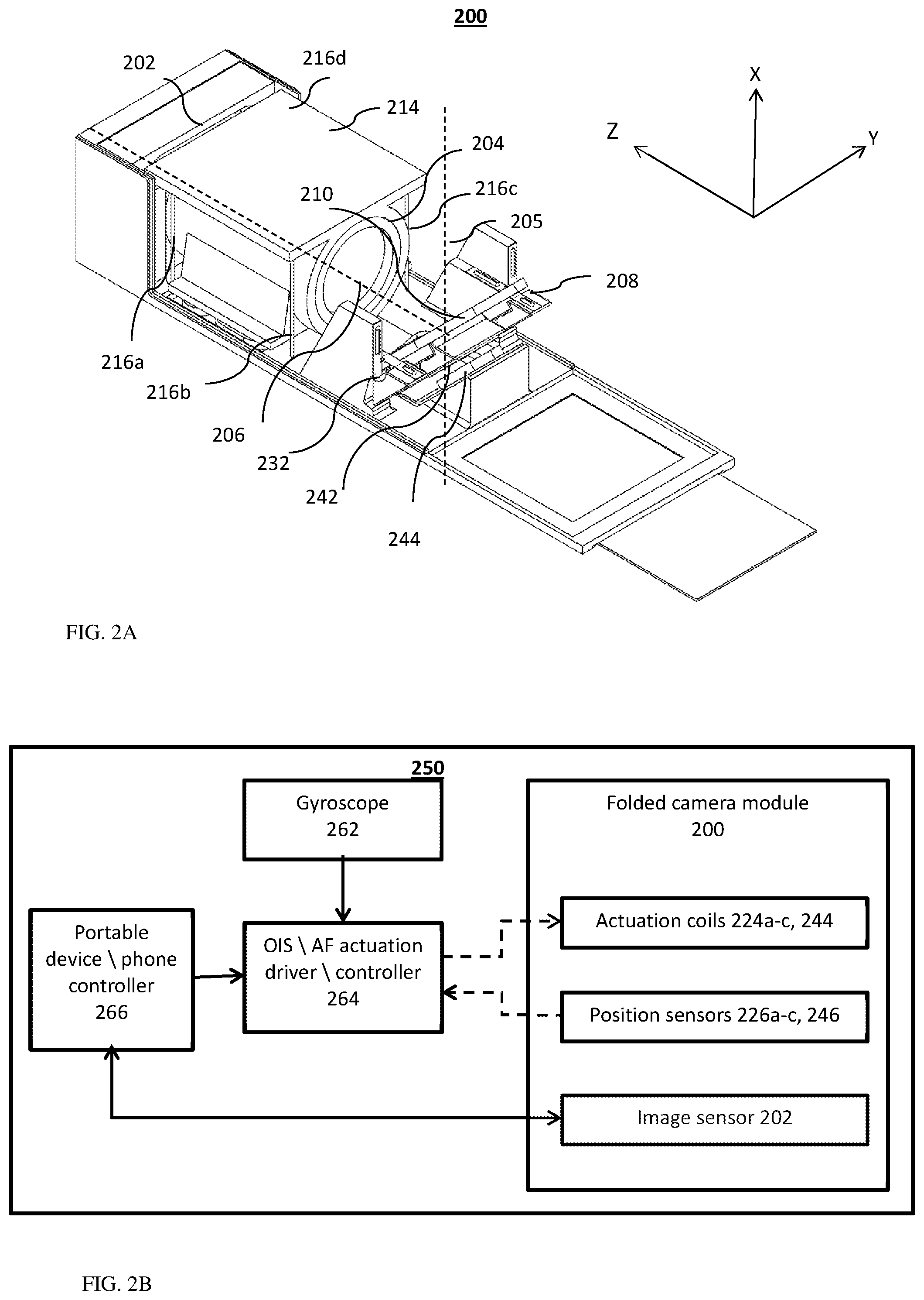 Patent US12105267 Figure 2 – Auto focus and optical image stabilization in a compact folded camera
