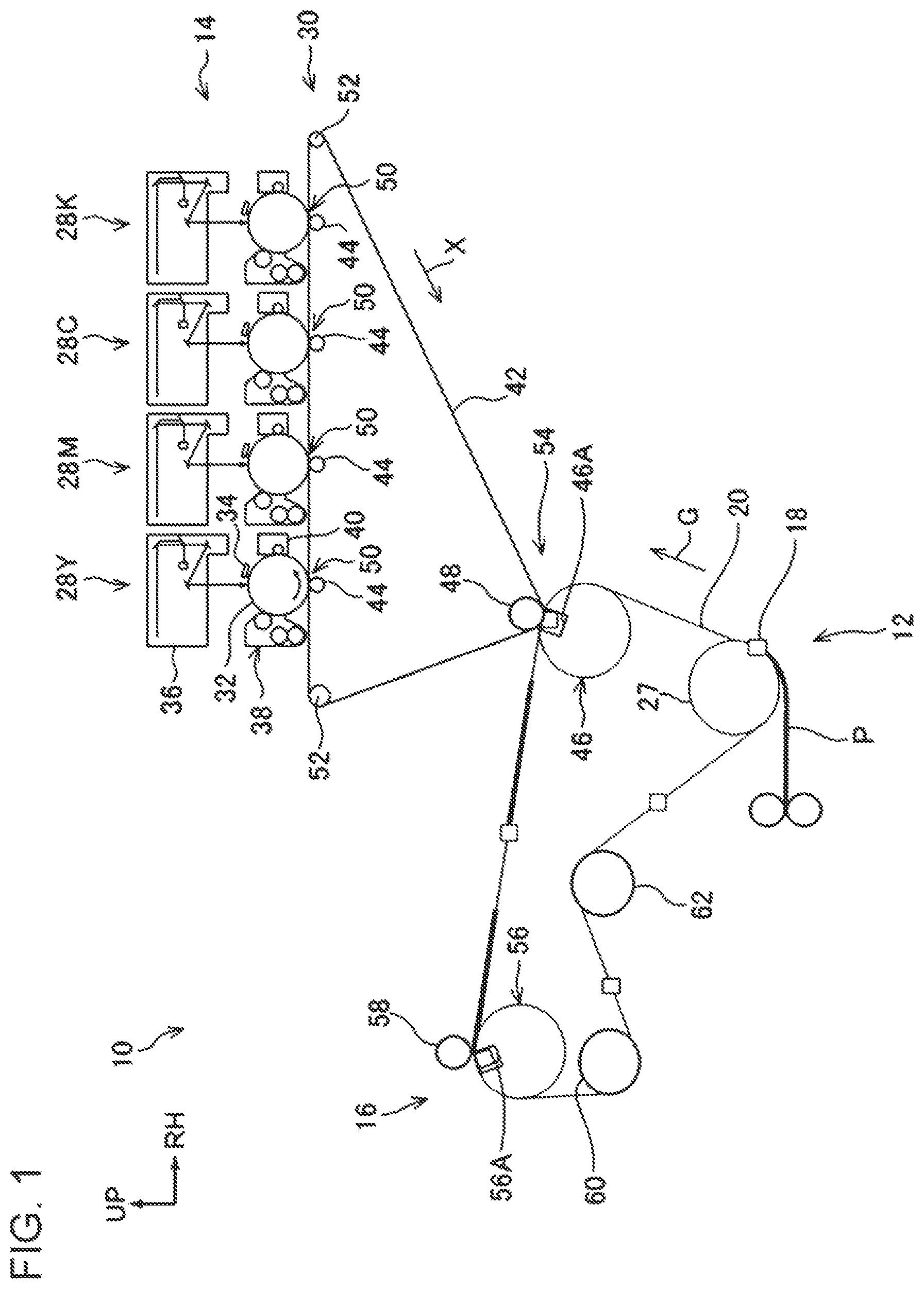 Patent US12105458 Figure 1 – Image forming apparatus having a pair of chains wound around a fixing roller and a transfer roller
