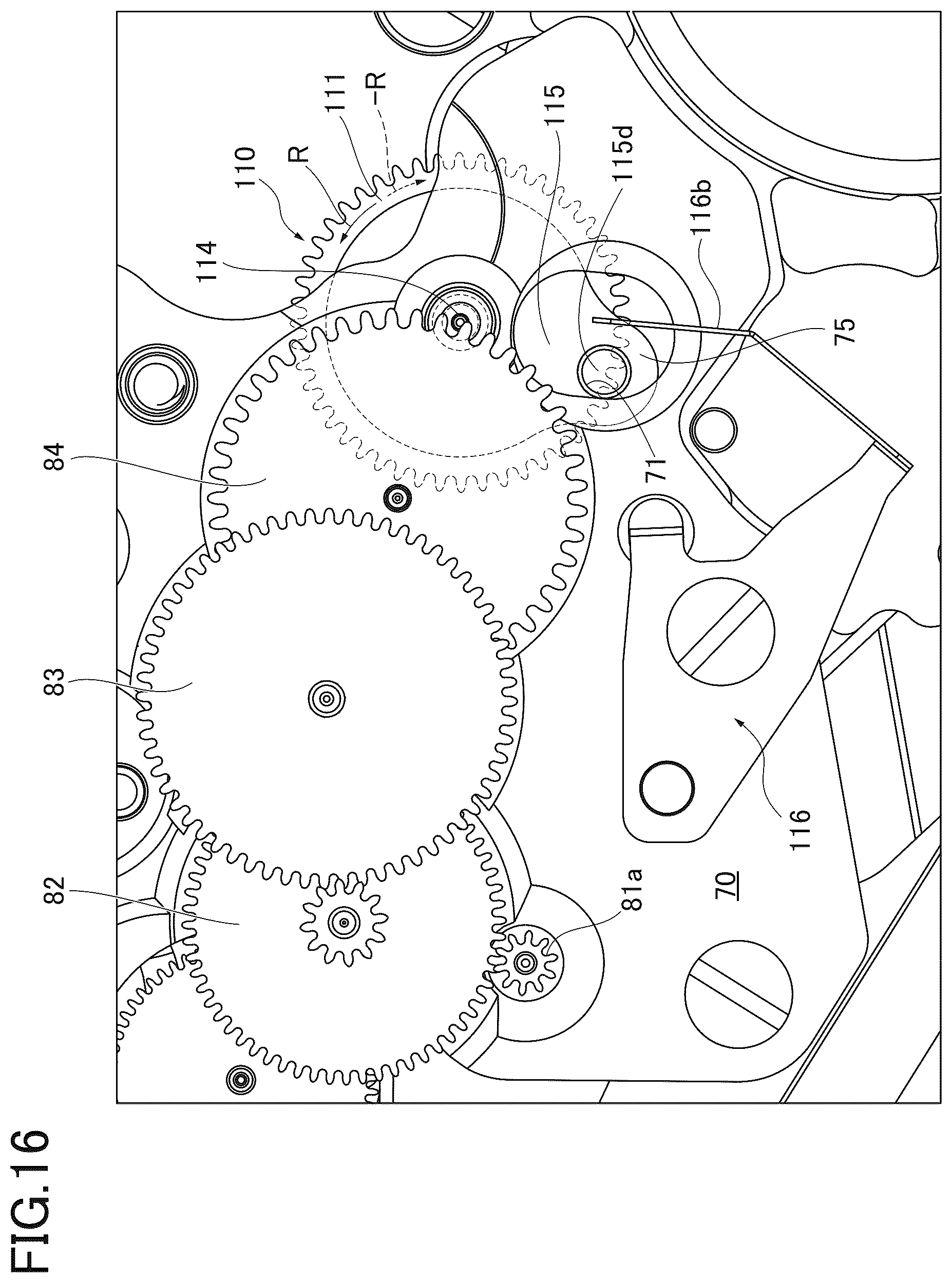 Patent US12105478 Figure 16 – Variation reduction mechanism of stop position of pointer