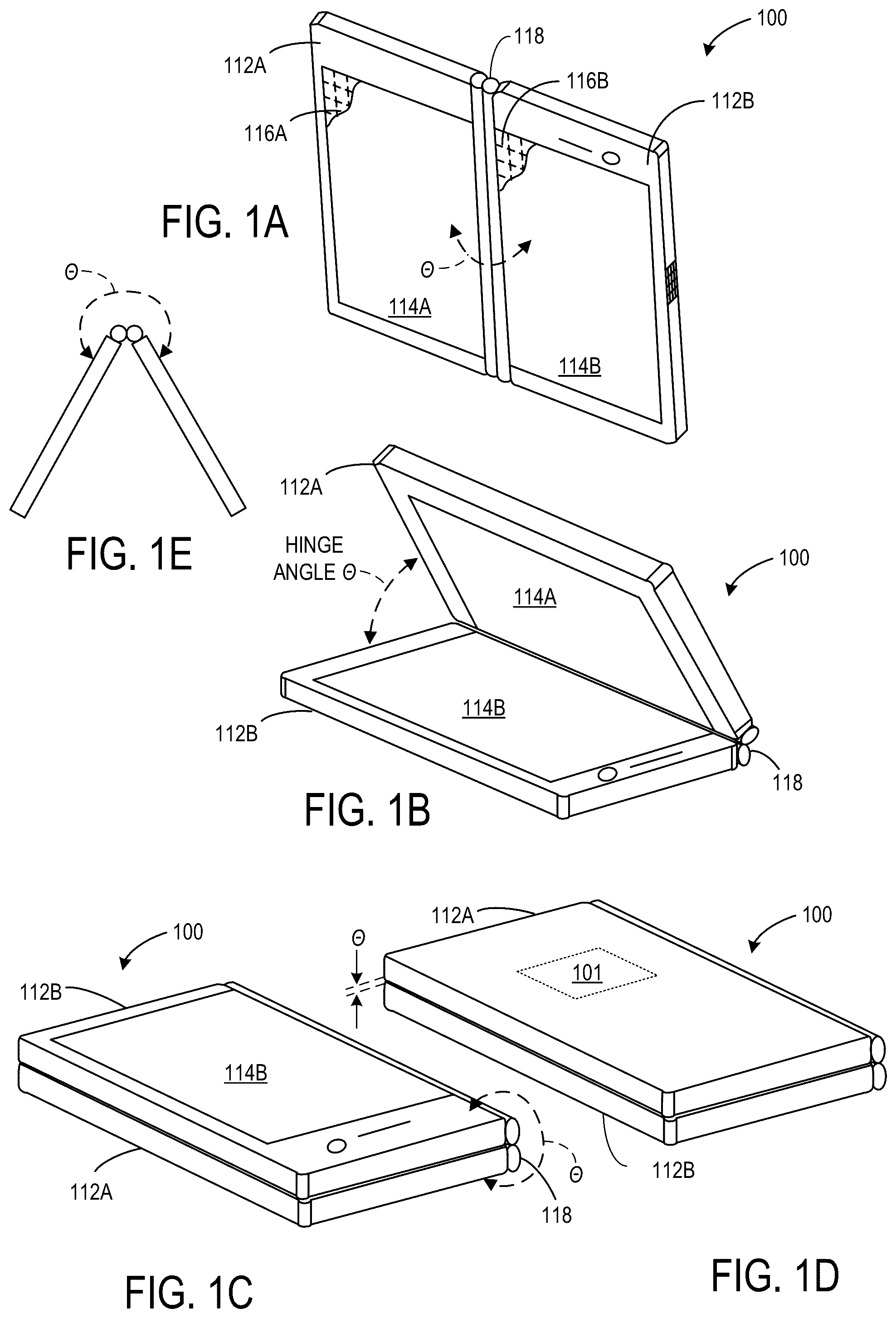 Patent US12105565 Figure 1 – Hinged dual display computing device